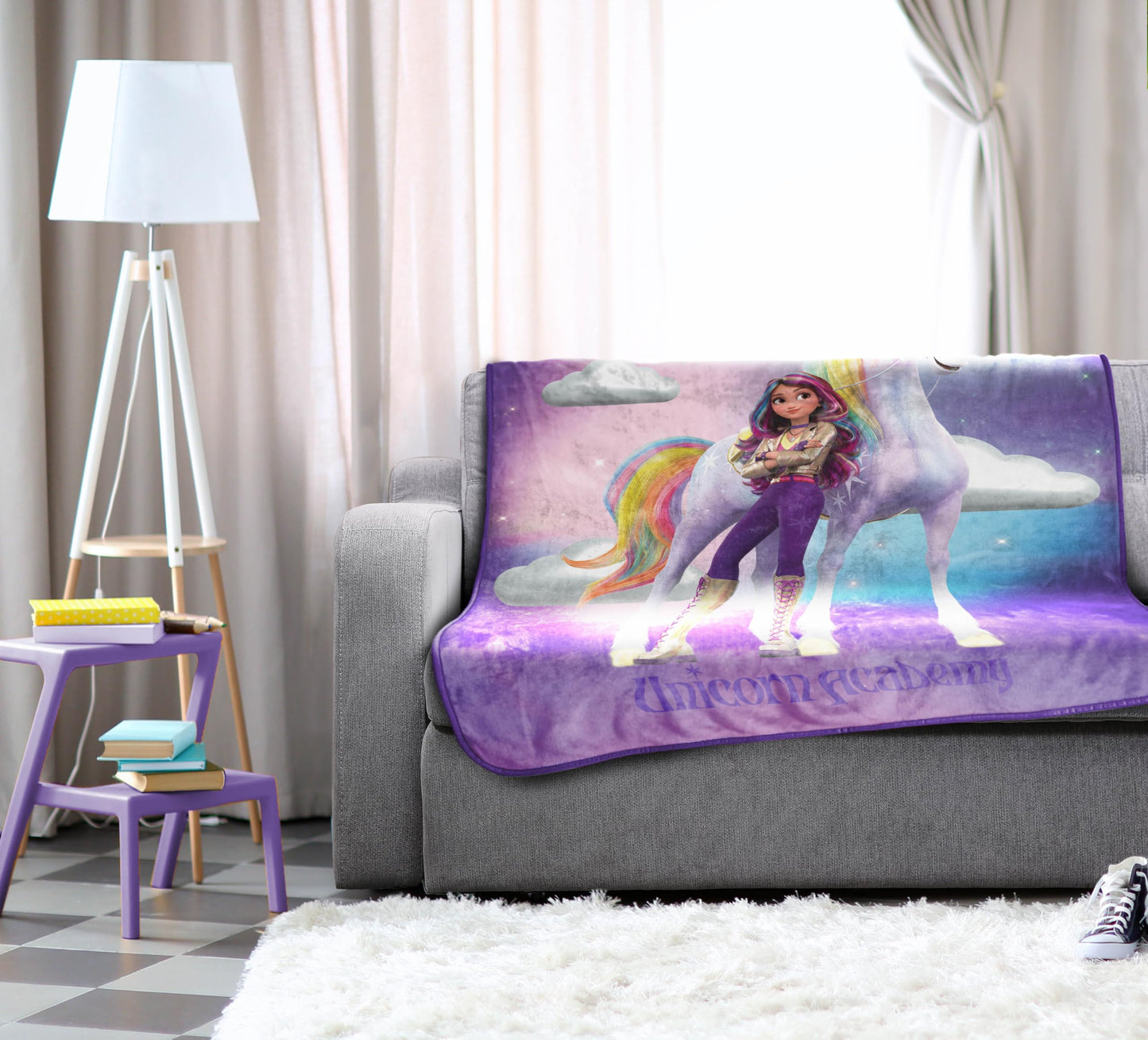 Jay Franco Unicorn Academy Blanket for Girls - 46 x 60 Super Soft Fleece Throw Blanket, Cozy Kids Bedding for Couch Bed & Travel, Machine Washable, Fade Resistant, Purple (Official Unicorn Product)