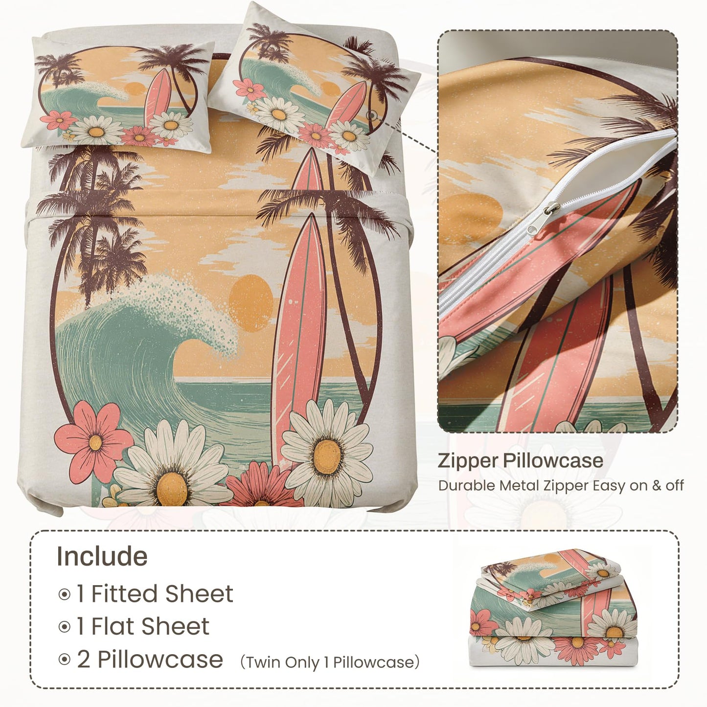 Tropical Beach Sheet Set, 4 Pcs Full Size Surfing Themed Bed Sheets