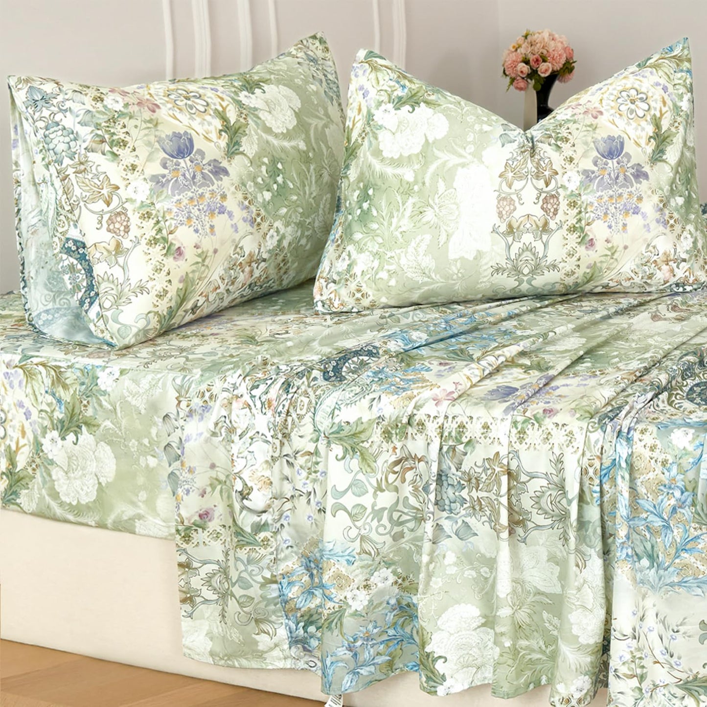 Zusbest Queen Sheet Set Luxury Sage Green Floral Bed Sheets 100% Cotton, Satin Weave Soft Silky Breathable for Hot Sleepers American Country Style Vintage Flower Deep Pocket 17.5‘’ Bed Set 4Pcs