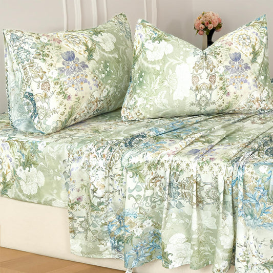 Zusbest Queen Sheet Set Luxury Sage Green Floral Bed Sheets 100% Cotton, Satin Weave Soft Silky Breathable for Hot Sleepers American Country Style Vintage Flower Deep Pocket 17.5‘’ Bed Set 4Pcs