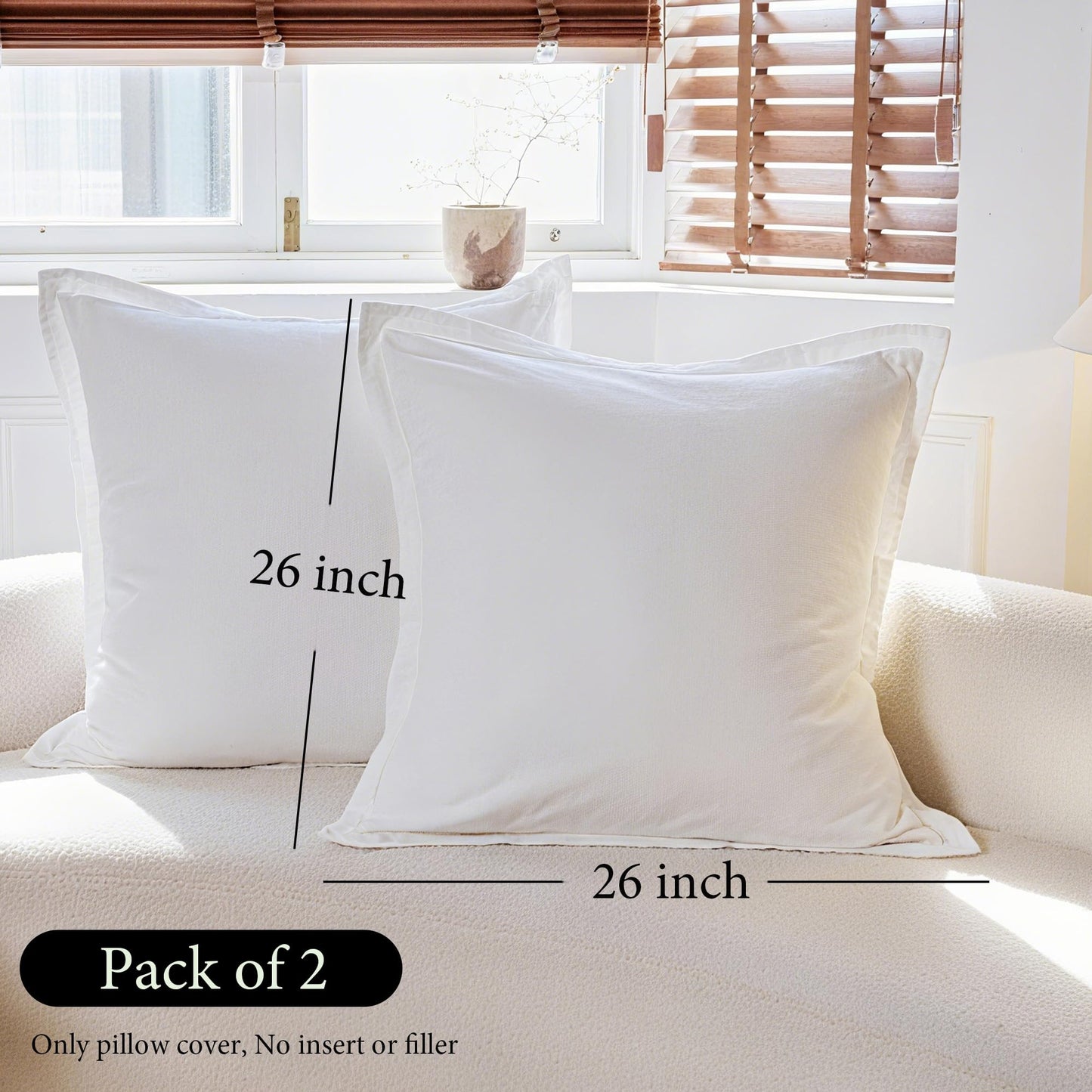 Simple&Opulence Linen Euro Sham Covers Set of 2, 26x26 Decorative Cotton Flax Blend Throw Pillow Cover Farmhouse Pillow Shams for Chair Couch Sofa Bedroom Living Room Home Decor, White