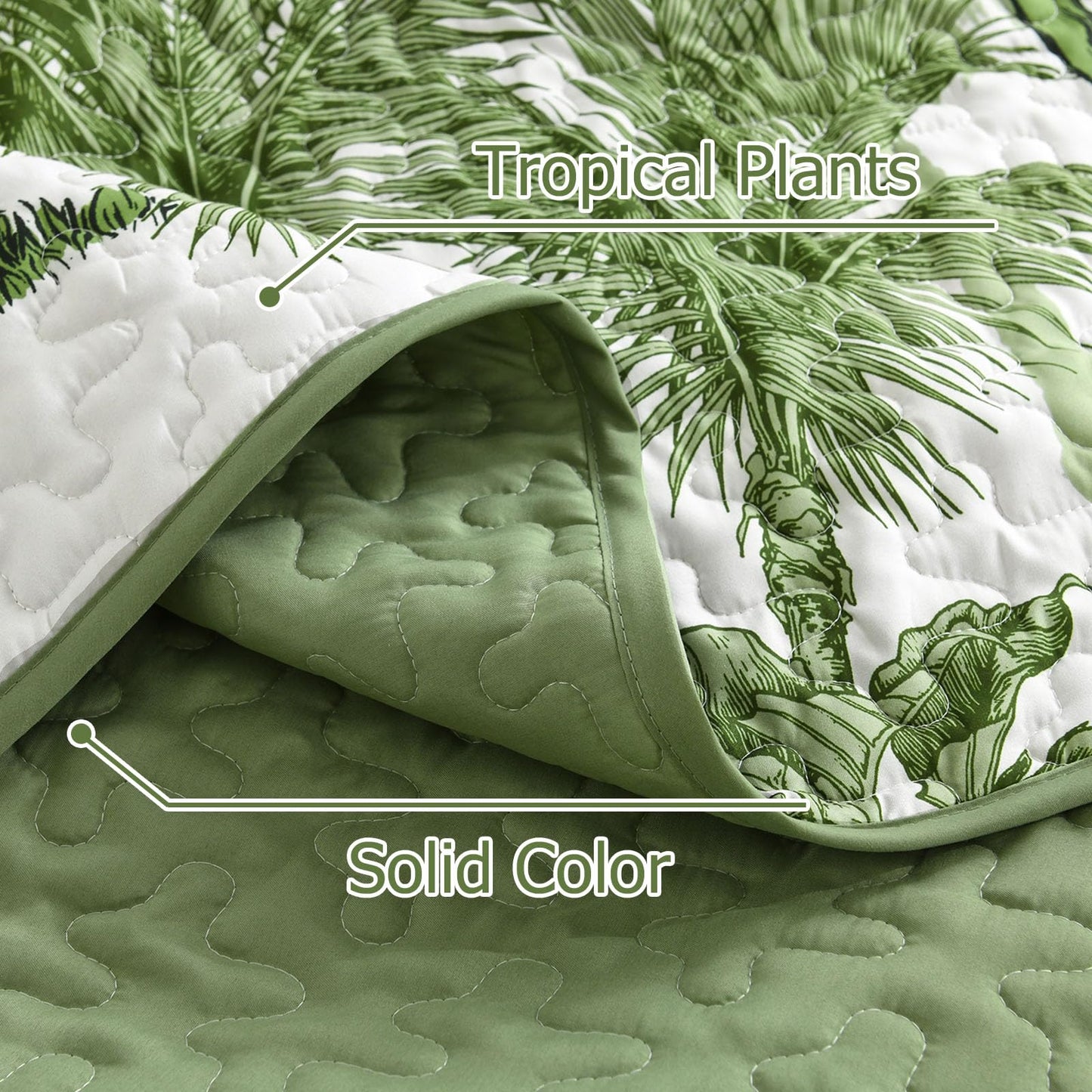 Luxudecor Tropical Plants Quilt Set Queen Size 3 Pieces Green Palm Botanical Bedspread Rainforest Style Bedding Set Soft Lightweight Bed Cover for All Season 96"x90"