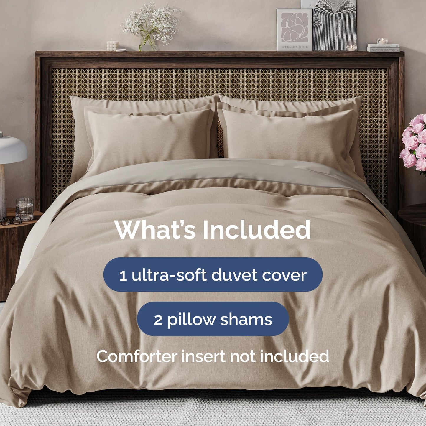 Duvet Cover Queen Size Set - Extra Soft Queen Duvet Cover 90" x 90" with 2 Pillow Shams - Hotel Luxury, Easy Care & Fade Free with Zipper Closures & Ties - Comfy, Cozy & Breathable (Heathered Beige)