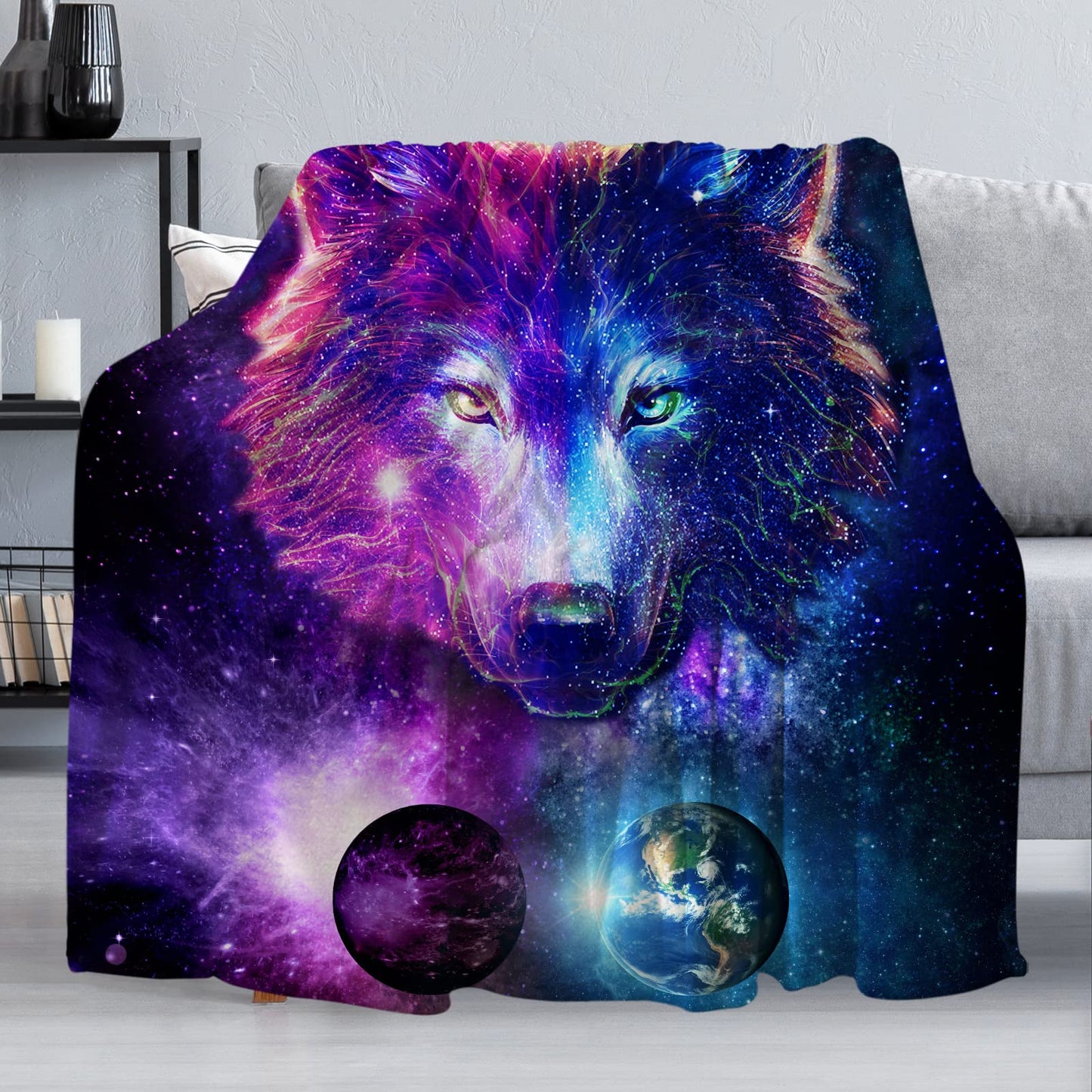 Fleece Throw Blanket 50"x60", Soft Cozy Warm Fuzzy Flannel Plush Blanket Colorful Galaxy Wolf Purple Planet Blue Earth Blanket for Couch, Sofa, Bed, Living Room