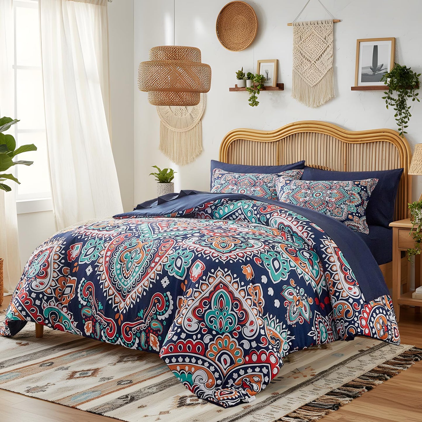 Boho Comforter Sheet Set Bohemian Bed in a Bag Queen Size Bedding Set, Navy Blue Orange Paisley Microfiber 7pc Bedding Set (1 Comforter 2 Pillow Shams 1 Pink Flat Sheet 1 Fitted Sheet 2 Pillowcases)