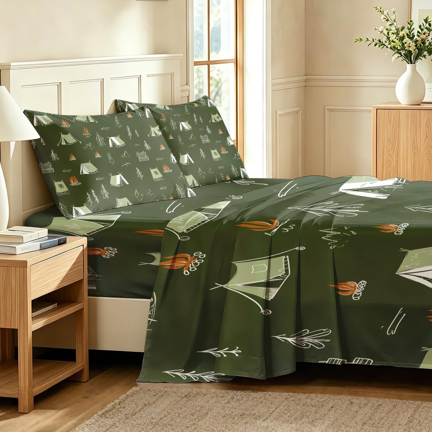 Camping Tent Twin Sheet Set Kids Flat Fitted Sheet Sets, Green