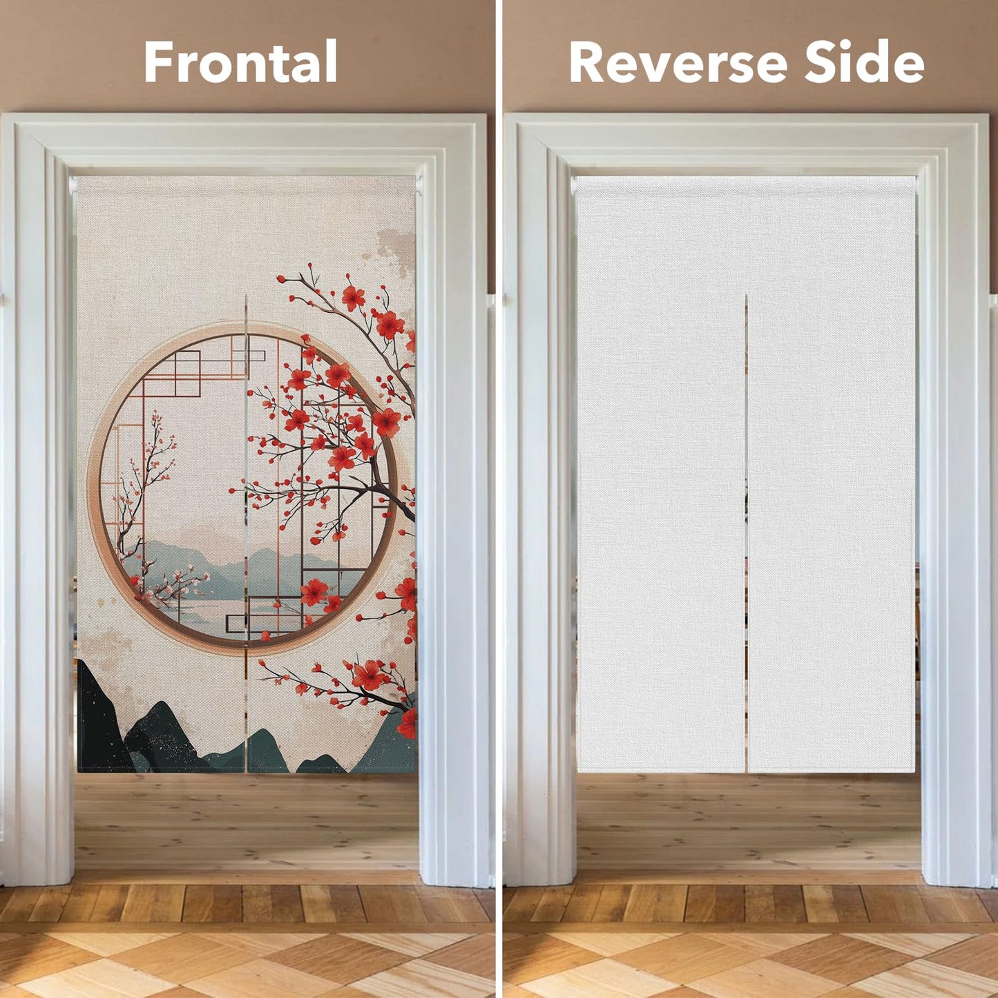 Leowefowa Japanese Noren Curtain Doorway Window Red Blossom Printed Treatment Feng Shui Long Curtain Doorway Tapestry Panel for Room Divider Kitchen Home Chinese Decor (Kahki, Mount), 33.5"x 70.9"