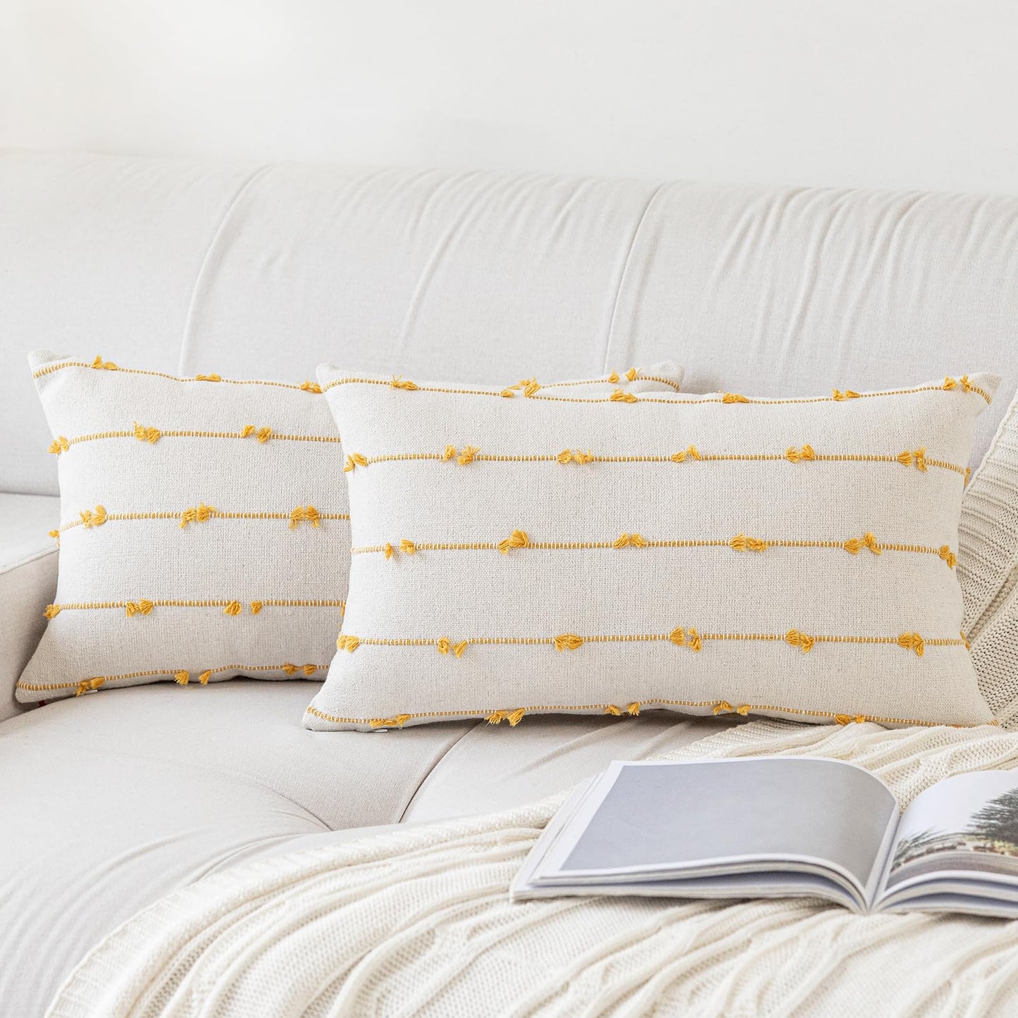 YEENAASY Boho Throw Pillow Covers 12x20 Set of 2 Modern Farmhouse Decorative Cushion Case Tufted Linen Square Pillows Cover Neutral Pillow Cases Accent Pillowcase for Sofa,Couch,Bed,Beige and Yellow