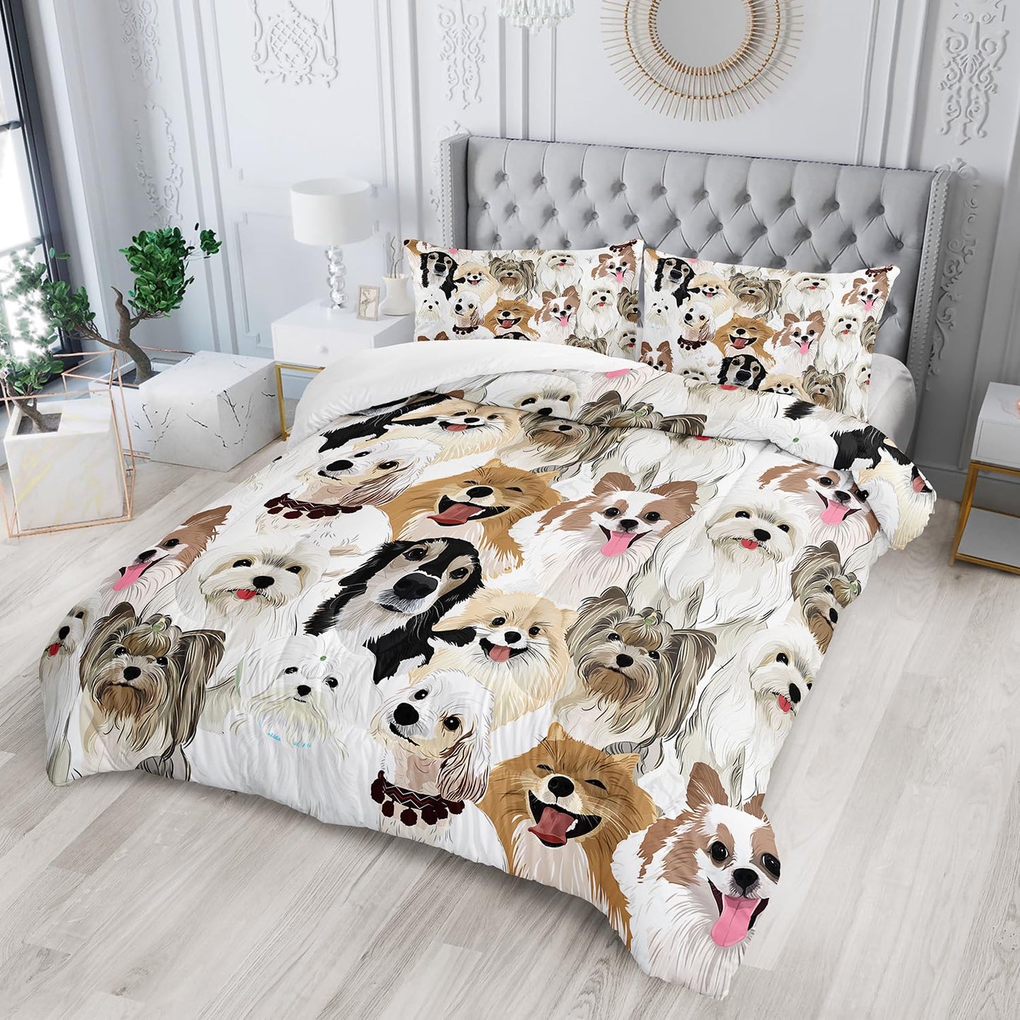 Nttopship Cartoon Dog Comforter Set King Size，Cute Dog Bedding Set for Kids Teens and Adults Soft Microfiber All Season(1 Comforter & 2 Pillowcases)