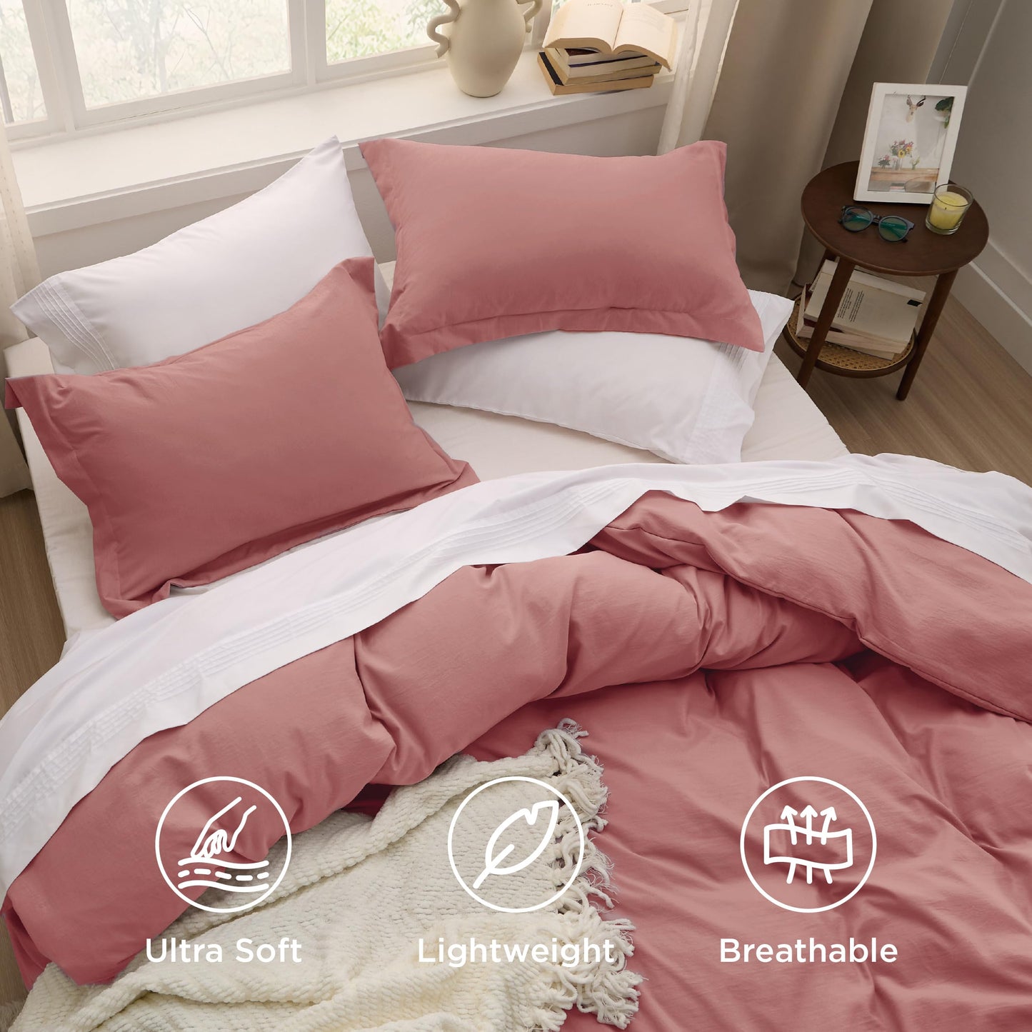 Bedsure Pink Clay Duvet Cover Queen Size - 3 Pieces Prewashed Cotton-Like Extra Soft Bedding Set, Includes 1 Duvet Cover 90x90 Inches with Zipper Closure & 2 Pillow Shams, Comforter Not Included