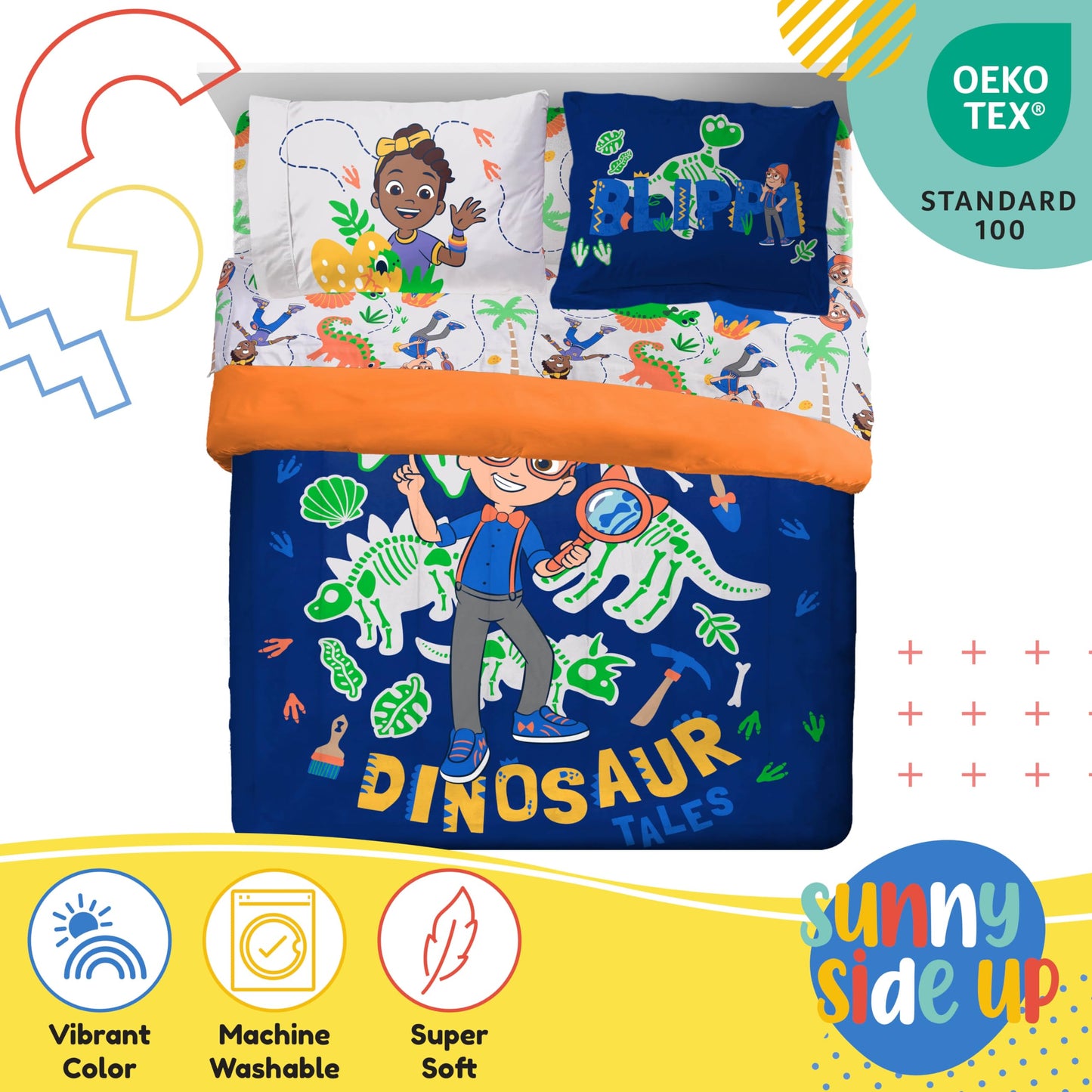 Sunny Side Up Kids Comforter Set Includes Sheets and Pillow Covers - Soft and Cozy Bed Set for Stylish Room Decor, Blue - Blippi, 7 Piece Full Bedding