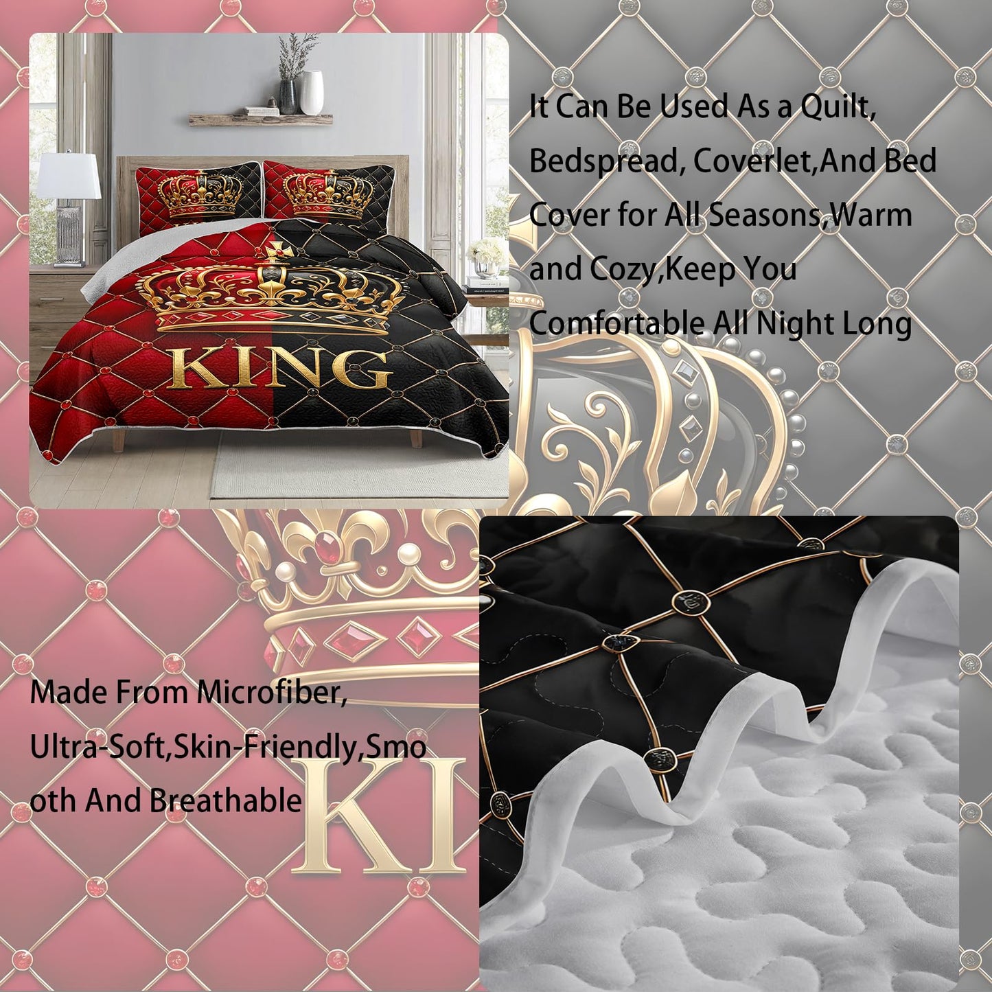 AILONEN Red Black King Quilt Set - Queen Size Golden Crown Couple Bedspread Coverlet with 2 Pillowcases - Luxury Room Decor for Adults & Bedroom
