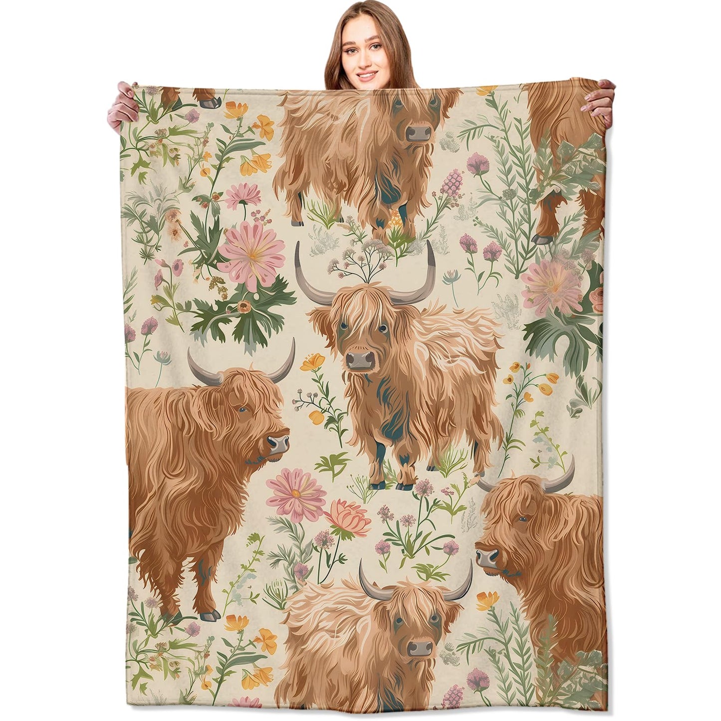VODRM Cute Highland Cow Blanket Adorable Cows Throw Blankets with Wildflower,Birthday Gifts for Kids Adult Women & Animal Lovers,Lightweight Soft Fleece,for Sofa Couch Bed Room Rustic Decor 50x60in