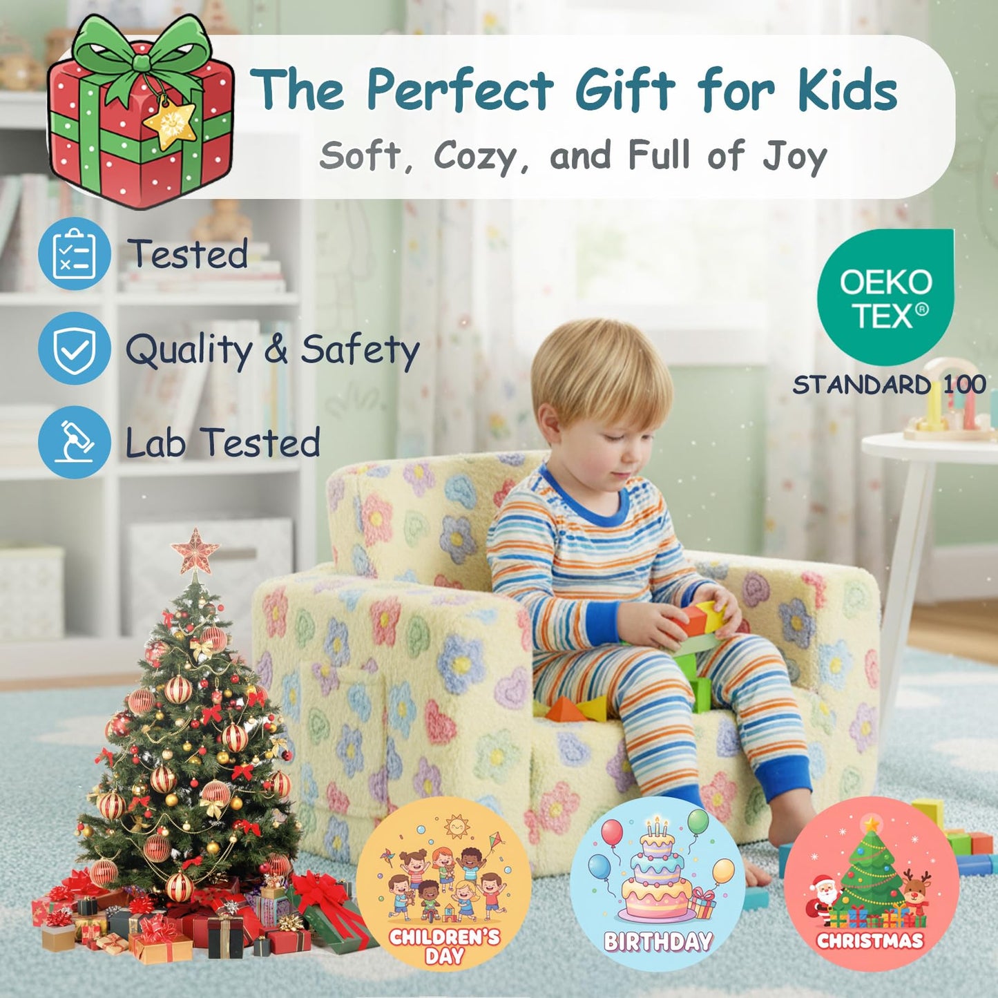 Tiita 2-in-1 Kids Sofa, Convertible Children Couch to Lounger, Flip Out Kids Chair, Toddler Armrest Chair Bed, Folding Kid Play Sofa for Girl or Boy, Flower