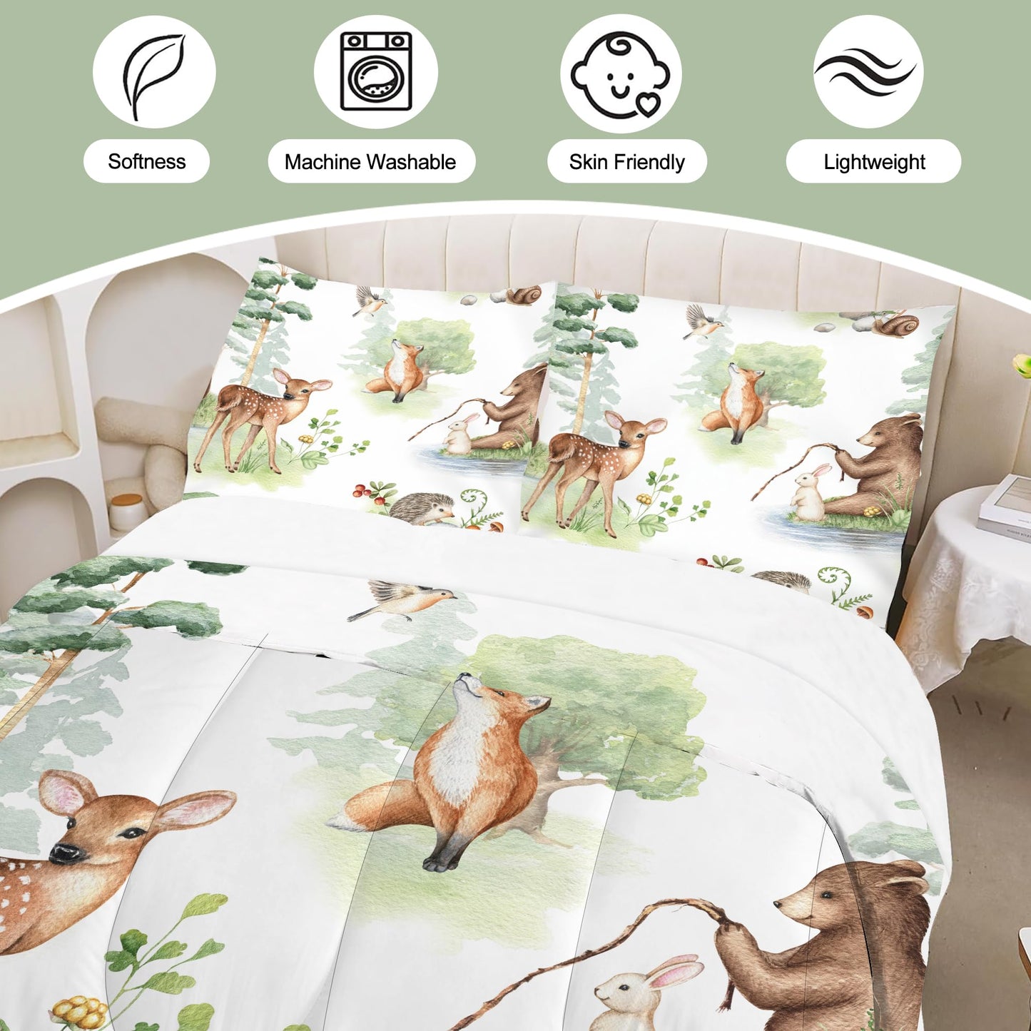 VTKON Wildlife Animals Comforter Set Twin for Kids Woodland Fox Deer and Bear Print Bedding Set Soft Cartoon Animal Print Bed Set White Green Forest Quilt Set with 1 Comforter + 1 Pillowcase