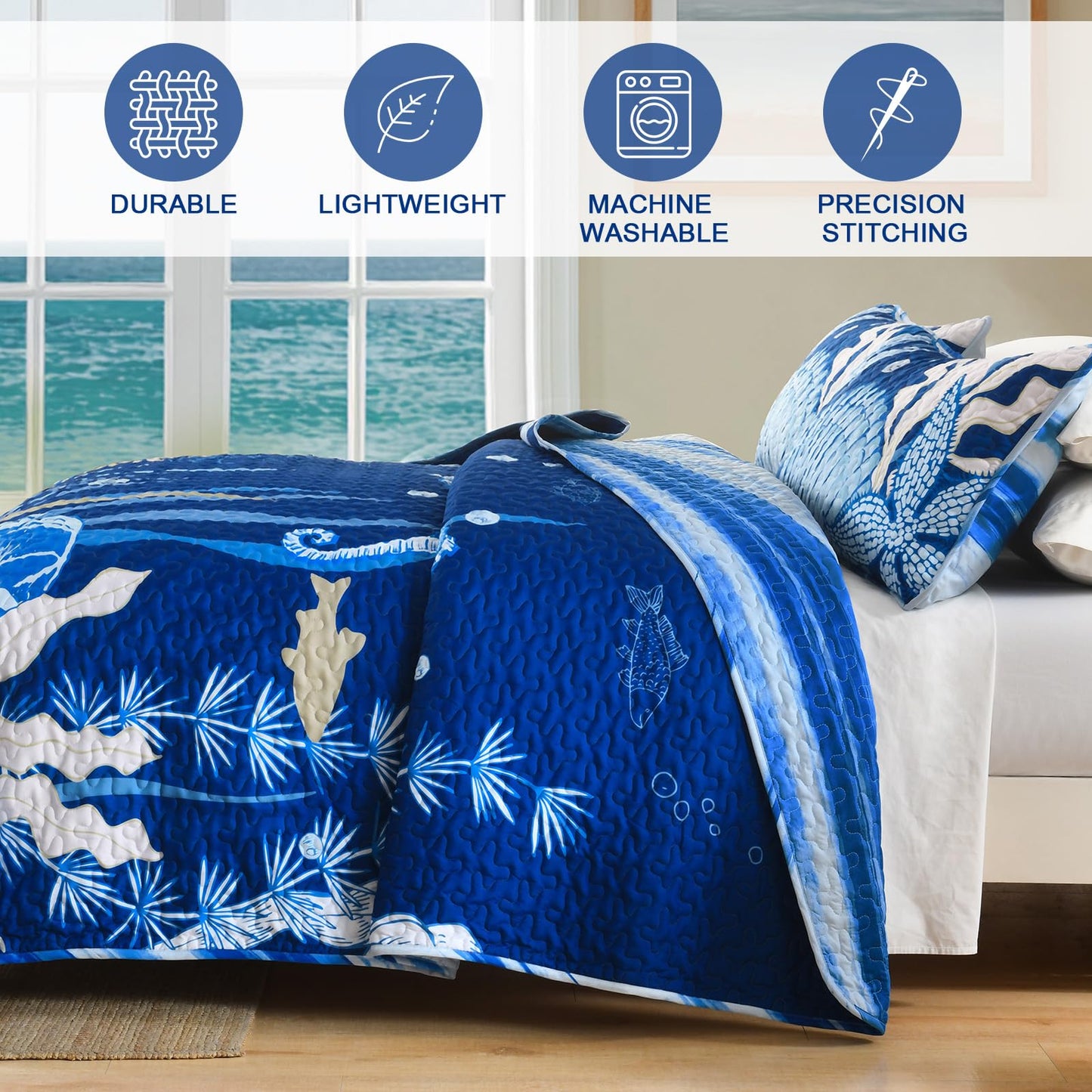 DJY Coastal Quilt Set King Size 3 Piece, Beach Theme Pattern Quilted Blanket Thin Reversible Microfiber Bedding Lightweight Soft Bedspread Coverlet Sets for All Season (1 Quilt, 2 Pillow Shams)