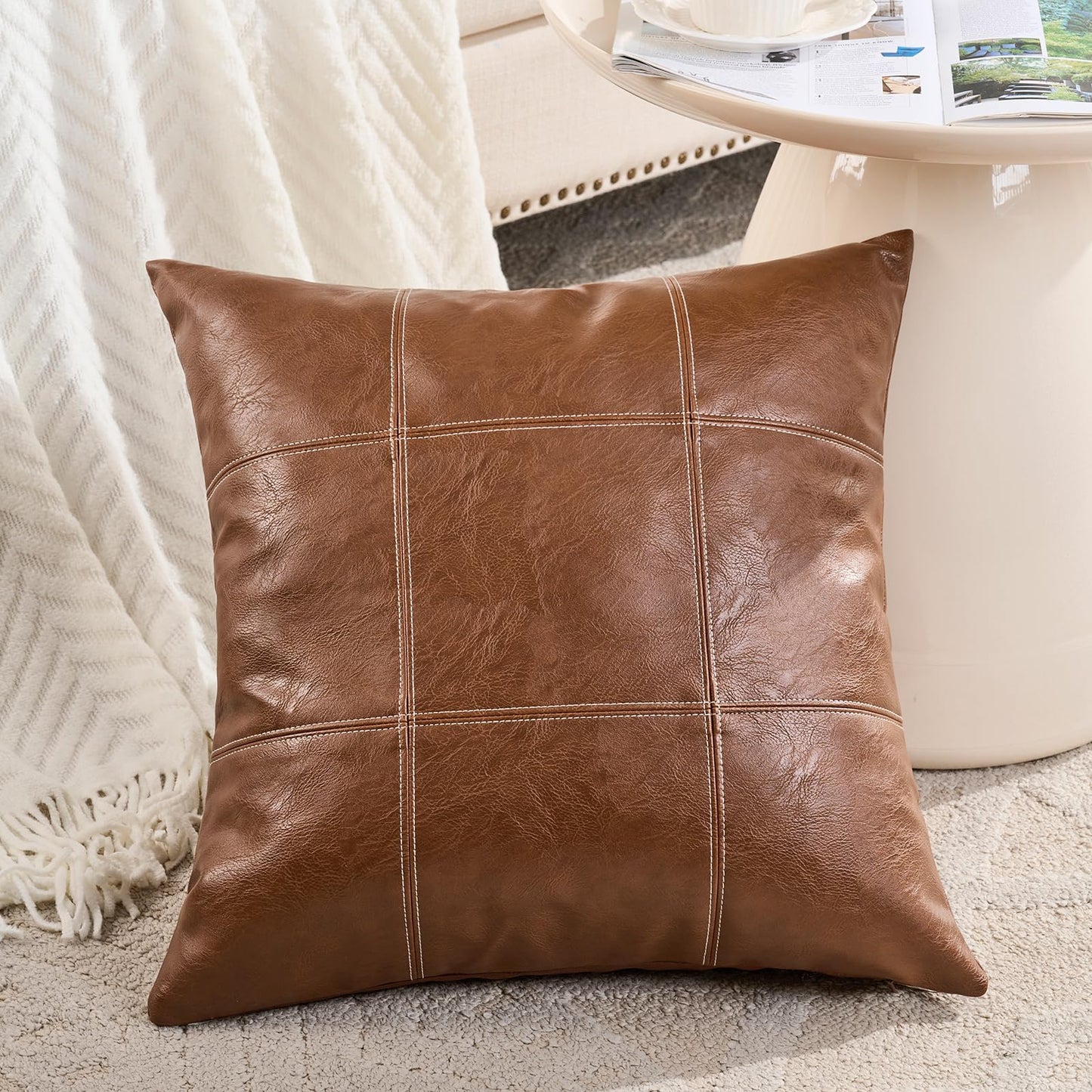 Fancy Homi 2 Packs Boho Brown Waterproof Faux Leather Decorative Throw Pillow Covers 18x18 Inch for Couch Bed Sofa, Modern Farmhouse Home Decor, Hand Stitched Accent Square Cushion Case 45x45 cm