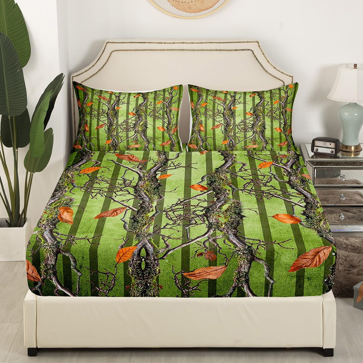 Tree Branches Kids Fitted Sheet Twin Size,Wild Hunting Adventure Cabin Bedding Set,Boys Girls Room Decor,Jungle Botanical Leaves Rustic Nature Bed Cover,Green Bed Sheet,1 Pillowcase(No Top Sheet)
