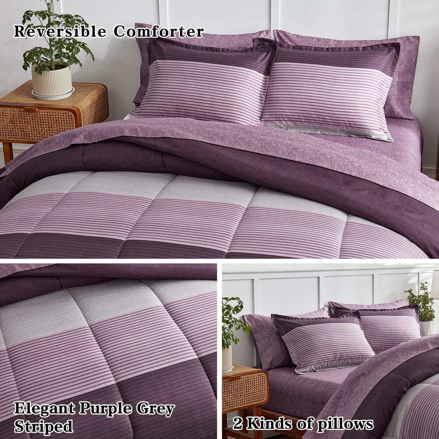 Flysheep Ombre Striped Bed in a Bag 7 Pieces Queen Size, Purple and Grey Stripes Comforter Sheet Set (1 Comforter, 1 Flat Sheet, 1 Fitted Sheet, 2 Pillow Shams, 2 Pillowcases)