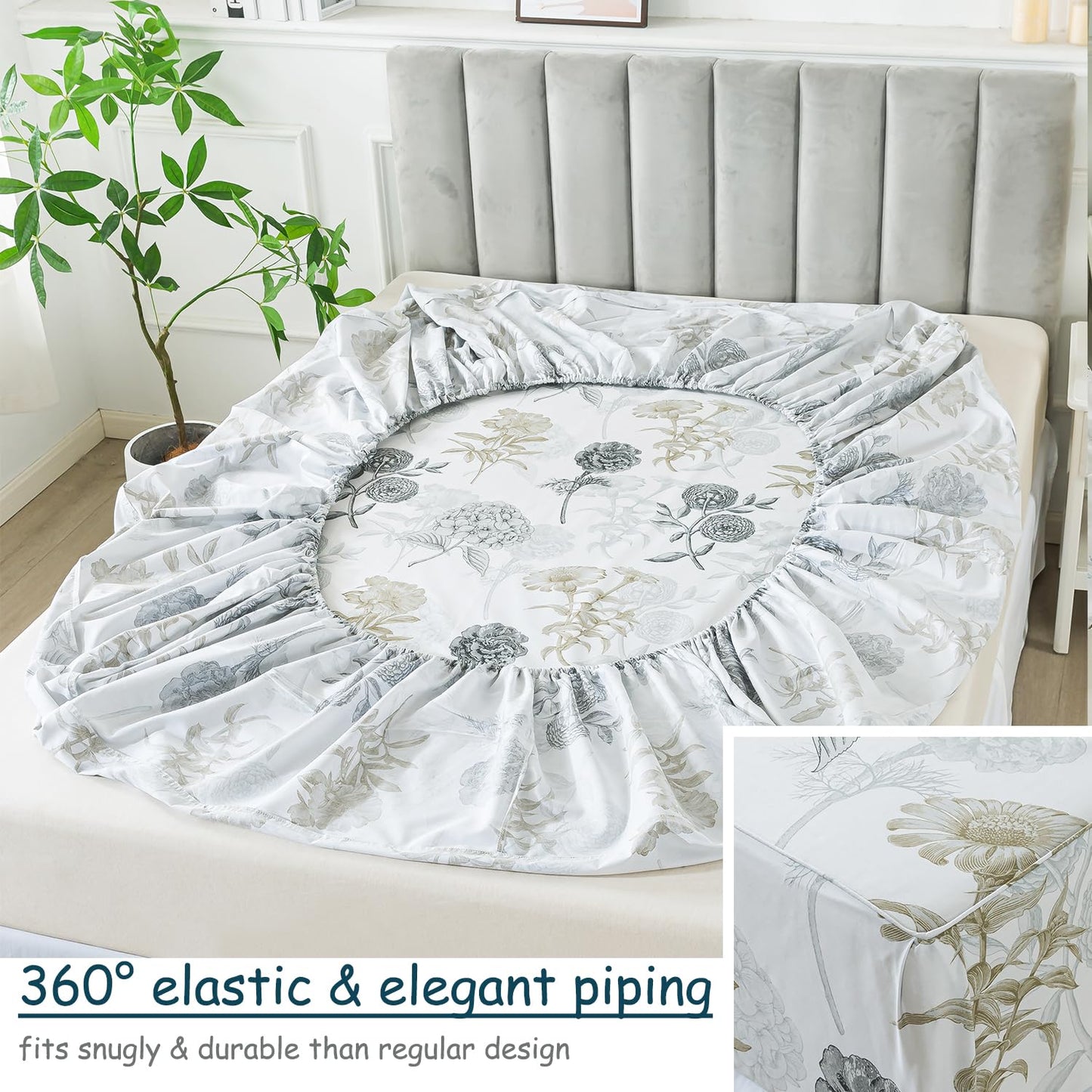 FADFAY Queen Sheets Set Percale Cotton Grey Floral Bed Sheets Deep Pocket Fitted Sheet, Luxury Ink Vintage Grey Hydrangea Printed Shabby White Bedding for All Season, Super Soft Crisp & Cool, 4 Pcs