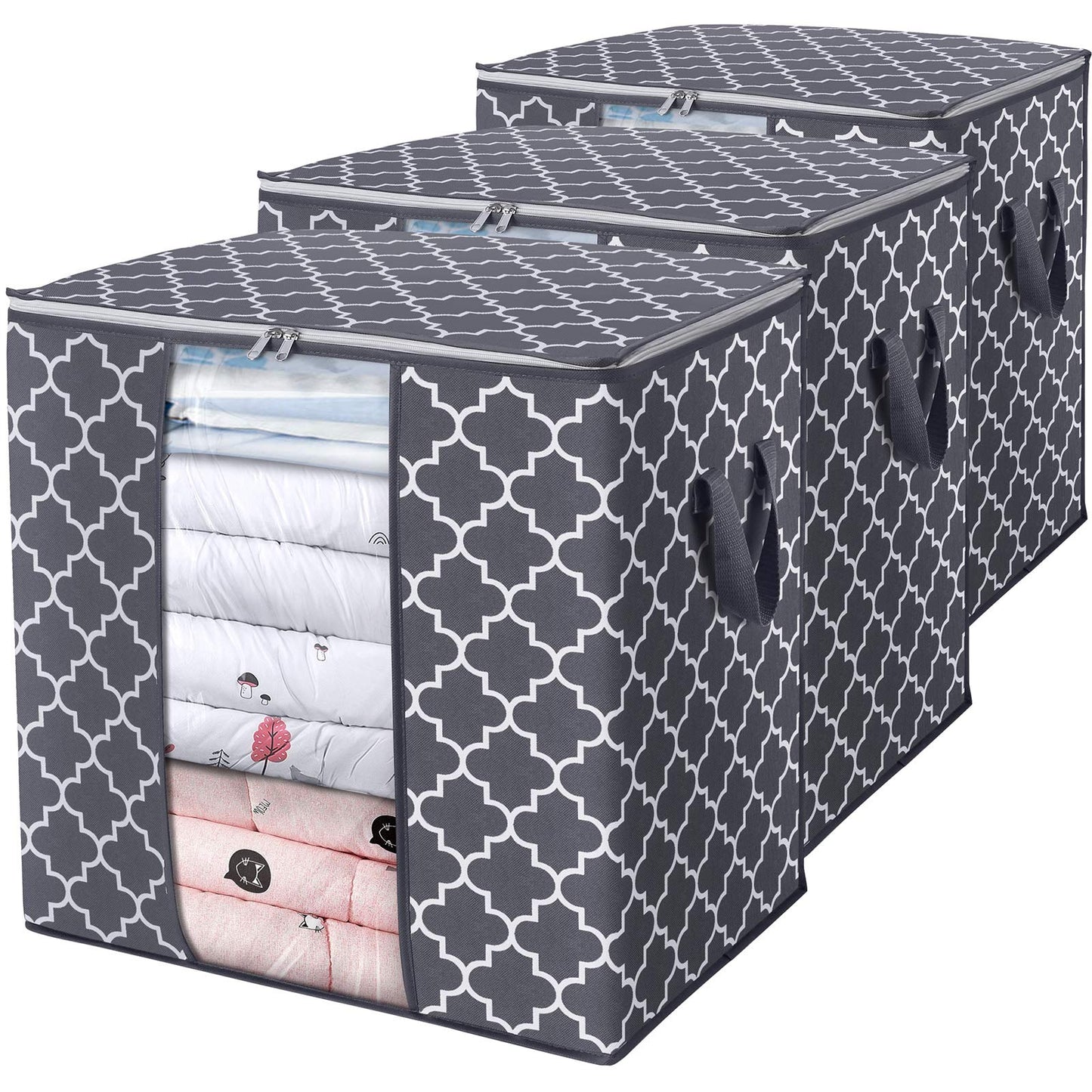 WISELIFE Storage Bags 3 Pack/100L Large Blanket Clothes Organization and Storage Containers for Comforters,Bedding, Foldable Organizer with Reinforced Handle, Clear Window, Sturdy Zippers,Gray