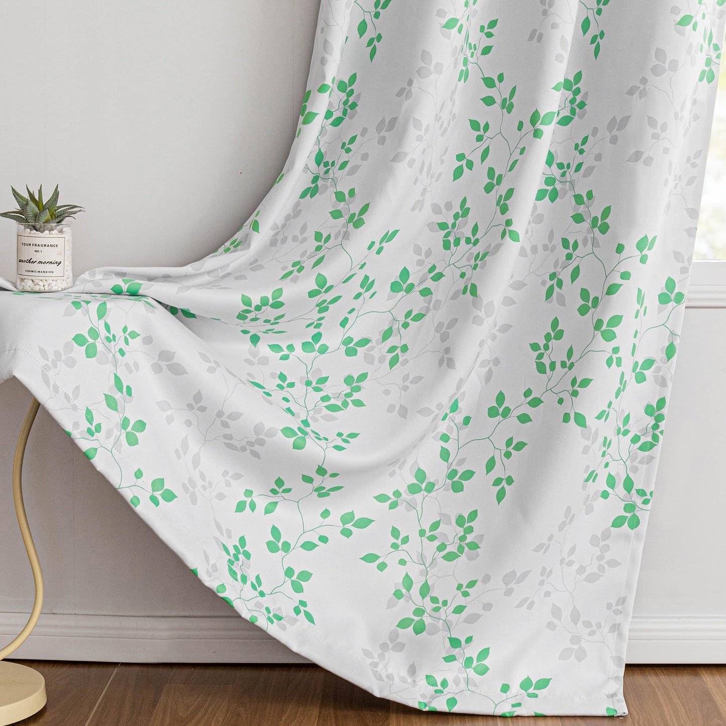 MEETSKY 95% Blackout Curtains for Bedroom, Green and Grey Leaf Curtains 84 Inches Long 2 Panels, Patterned Curtain Living Room Thermal Insulated Room Darkening Grommet Drapes, Each Panel 52" W