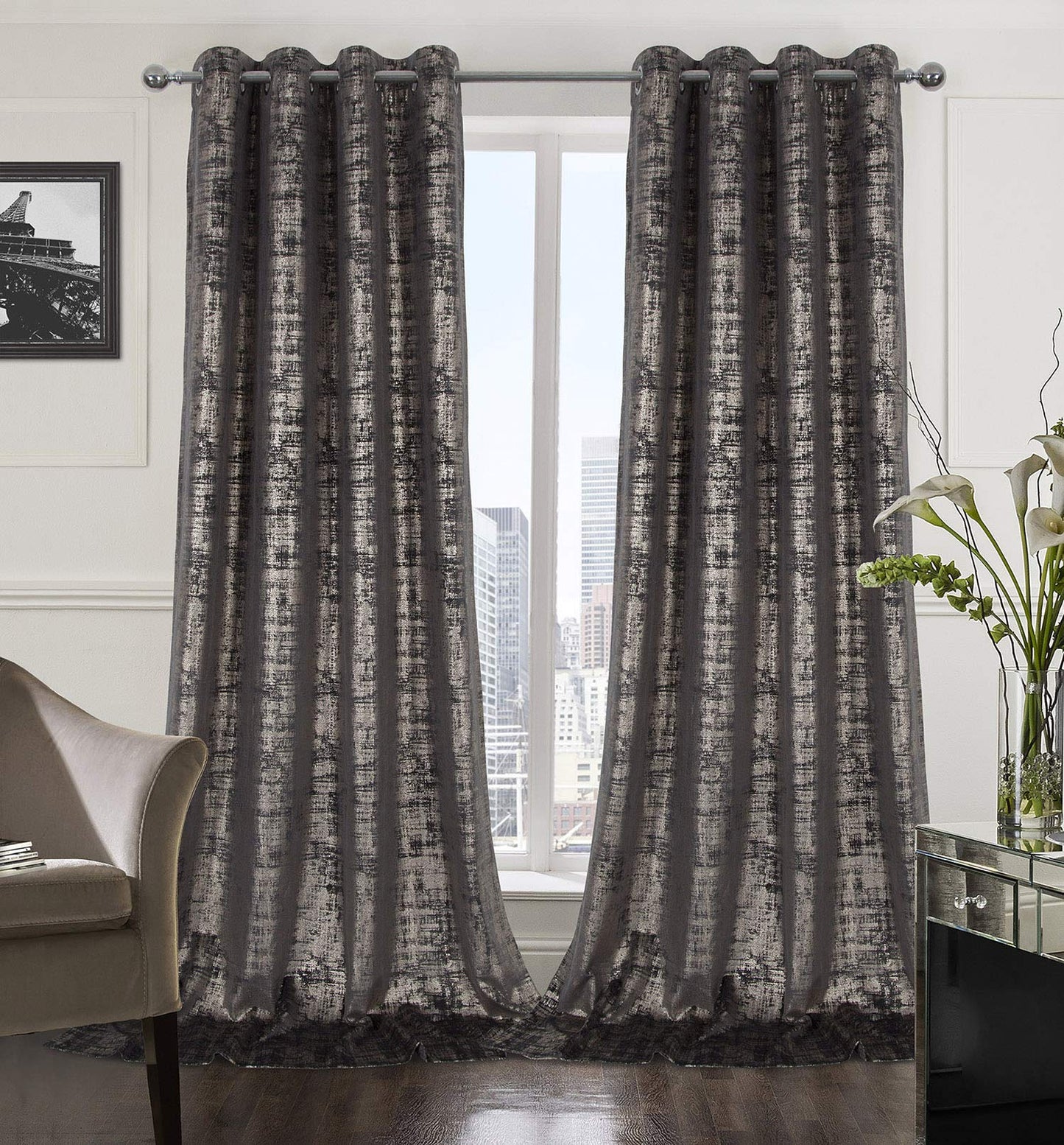 always4u Soft Velvet Curtains 108 Inch Length Long Luxury Bedroom Curtains Gold Foil Print Window Treatments for Living Room Set of 2 Charcoal Grey