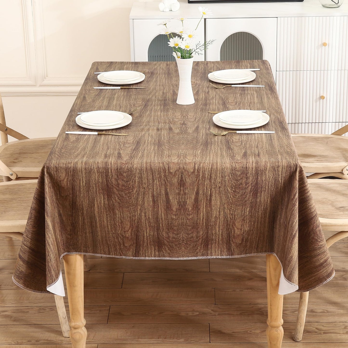 Walrus Heavy Duty Vinyl Tablecloth with Flannel Backing Waterproof Oil-Proof Plastic Table Cloth Stain-Resistant Wipeable Rectangle or Square Table Cover for Indoor and Outdoor (Wood, 54X54 Inch)
