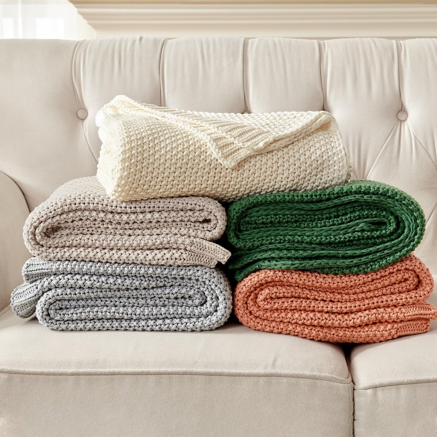 Joydeco Chunky Cable Knit Throw Blanket, Lightweight 100% Cotton Soft Cozy Throw Twin Blanket for Couch Bed and Sofa, Rustic Breathable Farmhouse Blanket Gift for Women Men(Cream White, 51"x63")
