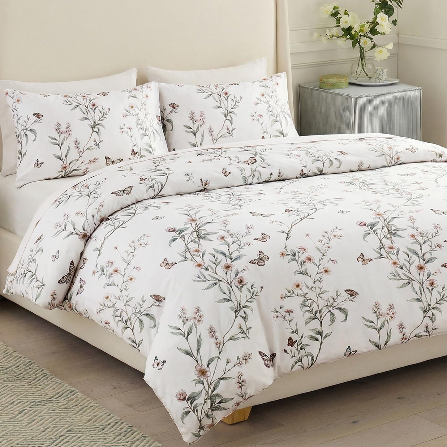 Bedorm 100% Cotton Duvet Cover Set Queen Vintage Floral Bedding Set Green Leaf Branches Flower Pattern 3 Pcs Soft Durable Duvet Cover with Zipper Closure