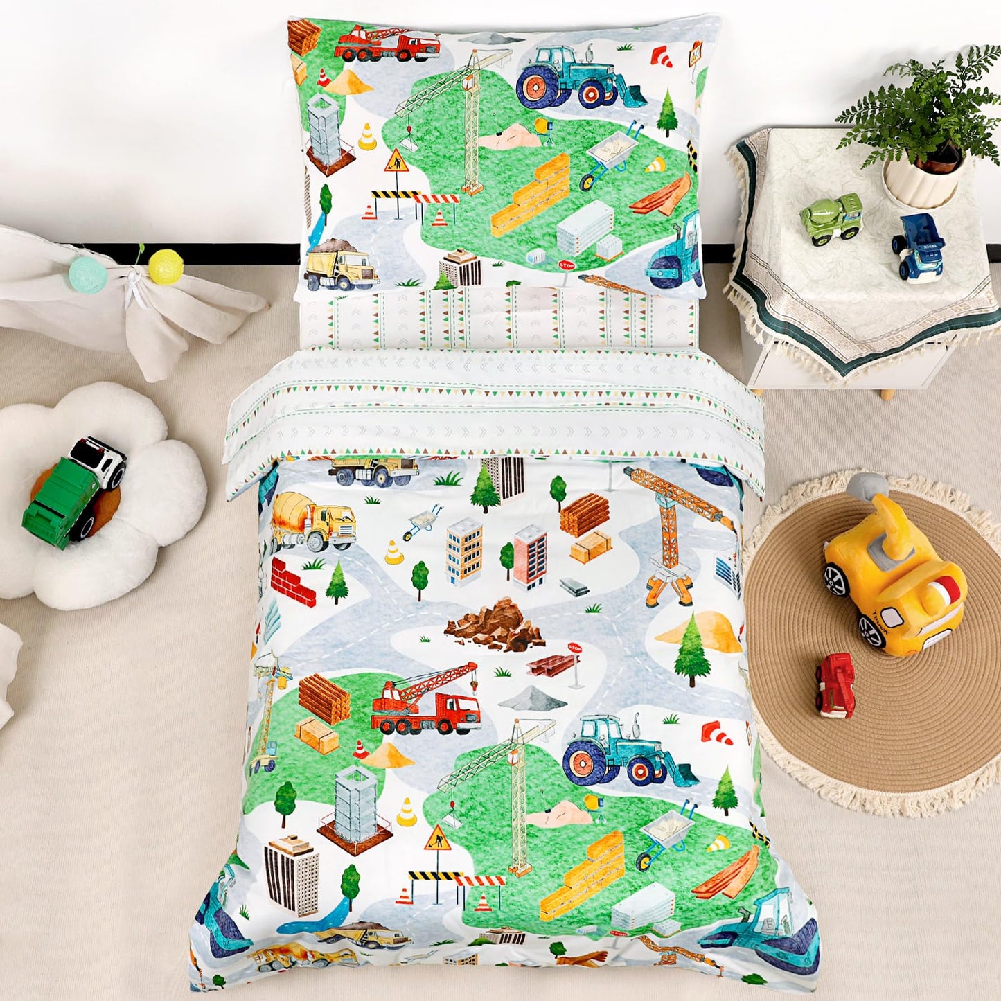 DAYEEBALL 4 Piece Toddler Bedding Set, Ultra Soft and Breathable Toddler Comforter Sets for Boys Includes Quilted Comforter, Fitted Sheet, Flat Sheet and Pillowcase, Vehicles