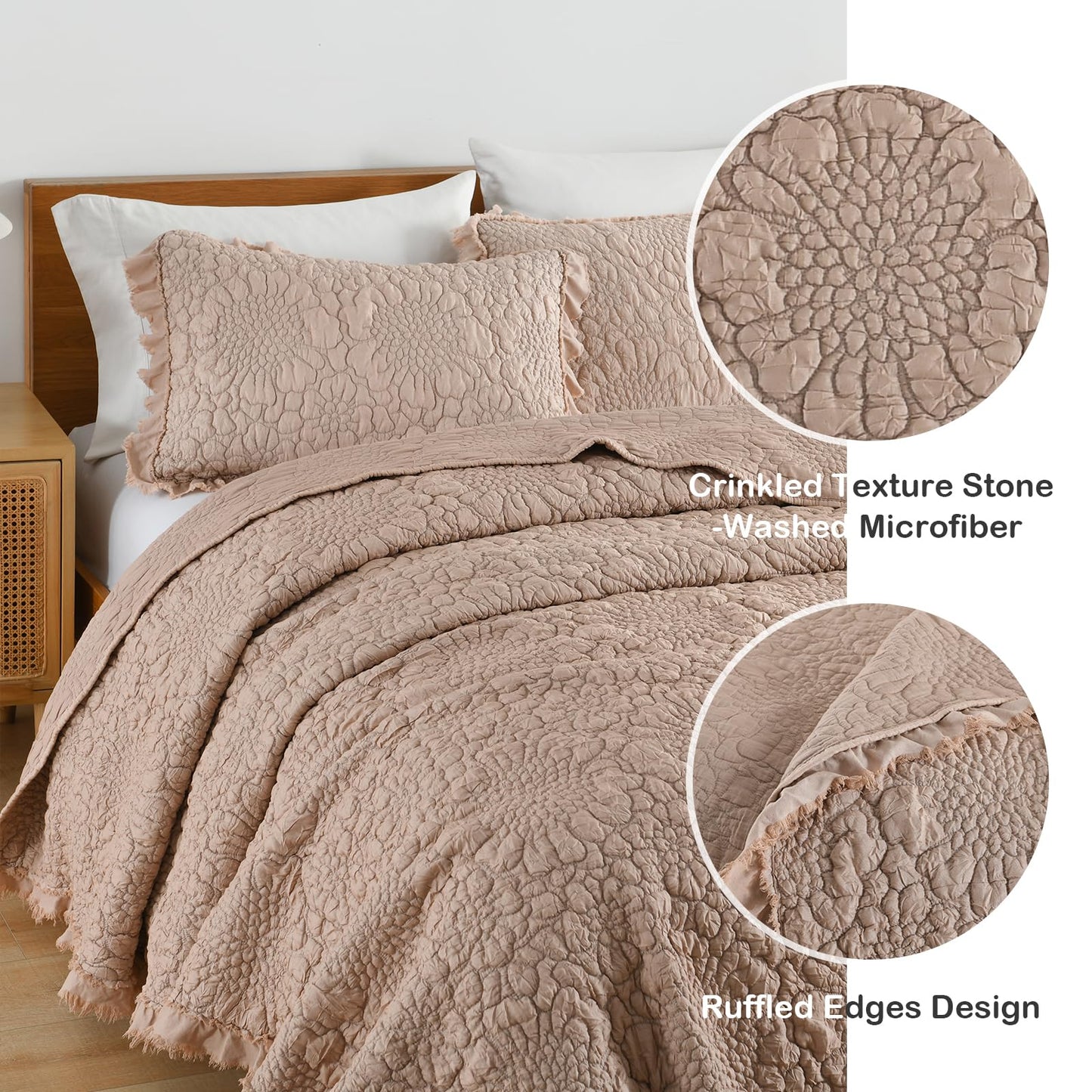 HORIMOTE HOME Pinkish Grey Ruffled Quilt King Size, Stone-Washed Lightweight Crinkled Farmhouse Rustic Shabby Chic Bedding Set, 3 Pieces Reversible Bedspread with Pillow Shams for All Season