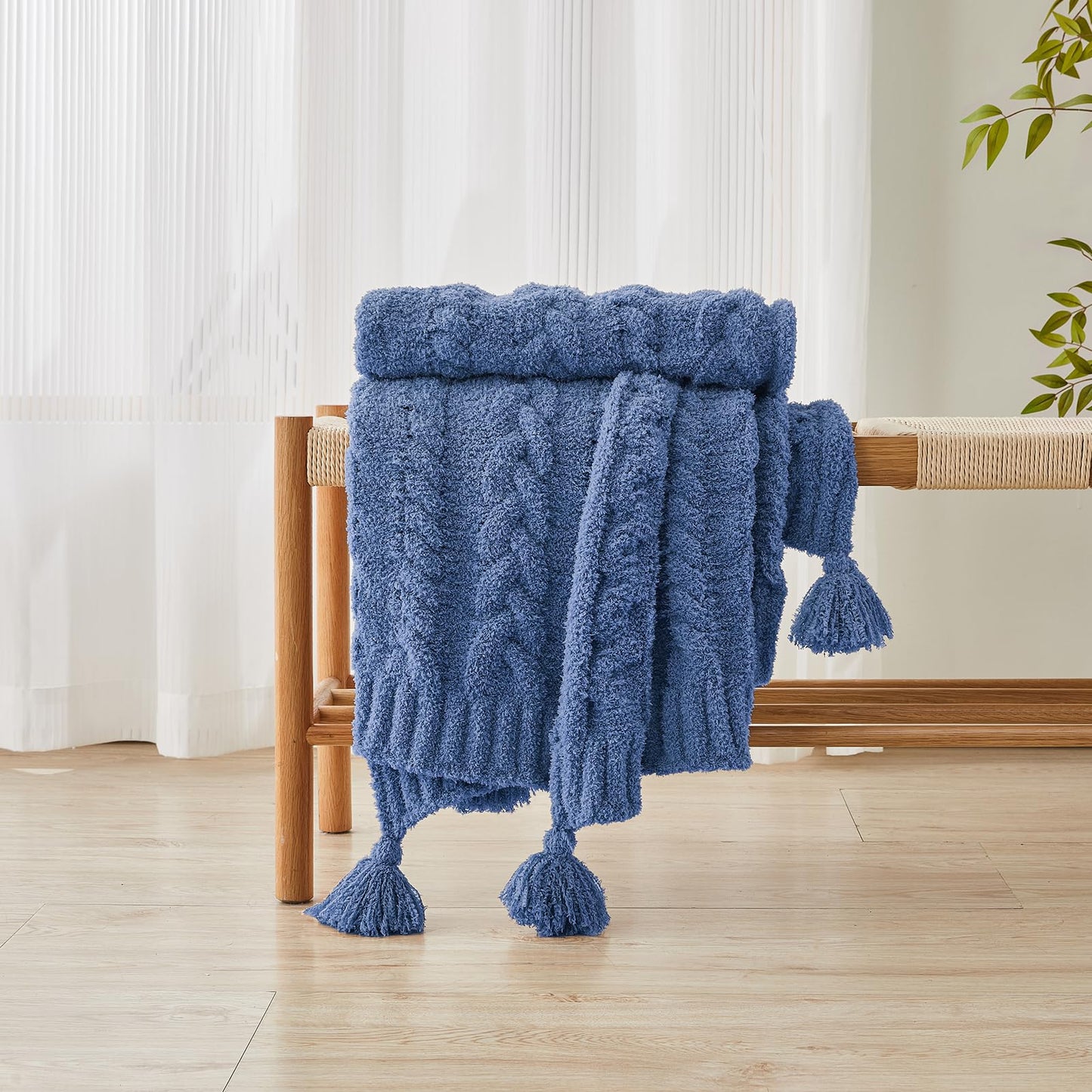 HORIMOTE HOME Chenille Chunky Knit Throw Blanket for Couch with Tassels, Soft Cozy Blanket for Sofa Chair Bed, Blue, 50"x 60"