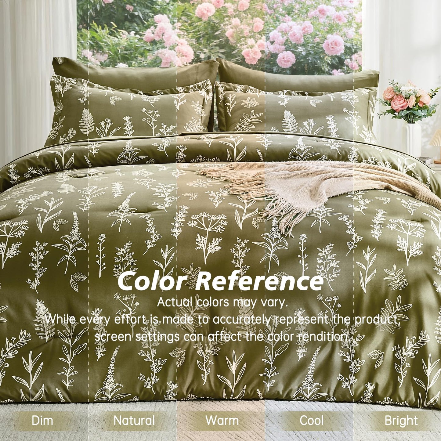 MUXHOMO Olive Green King Comforter Set, Elegant Floral Print Bed in a Bag 7 Pieces, Ultra Soft & Breathable Reversible Botanical Pattern Bedding Set with Comforter, Sheets, Pillowcases, and Shams