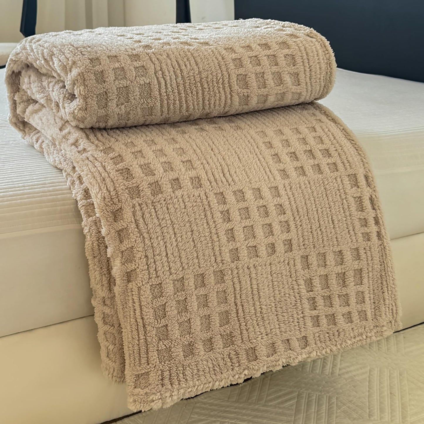 Throw Blanket for Couch or Bed，Waffle Weave Jacquard Decorative Blankets - Cozy Soft Lightweight Fuzzy Flannel Blanket(Milk Tea,80x90in)