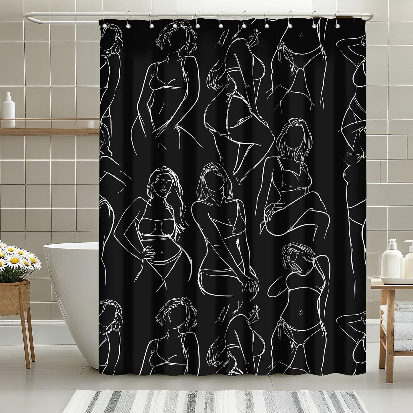 mutakin Black and White Shower Curtain Abstract Women Minimalist Art Shower Curtains for Bathroom Waterproof Fabric Bath Curtain Decor with Hooks