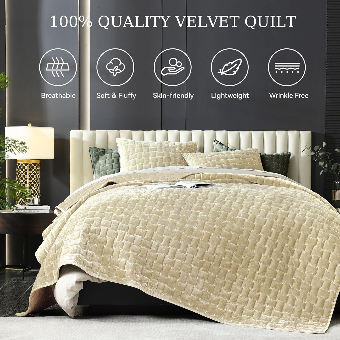 Grassix Velvet Quilt Set Queen Size, 3 Pieces Lightweight Velvet Comforter with Pillow Shams, Geometric Quilted Bedspread Coverlet Bedding Set for All Seasons, Beige, 90"x96"
