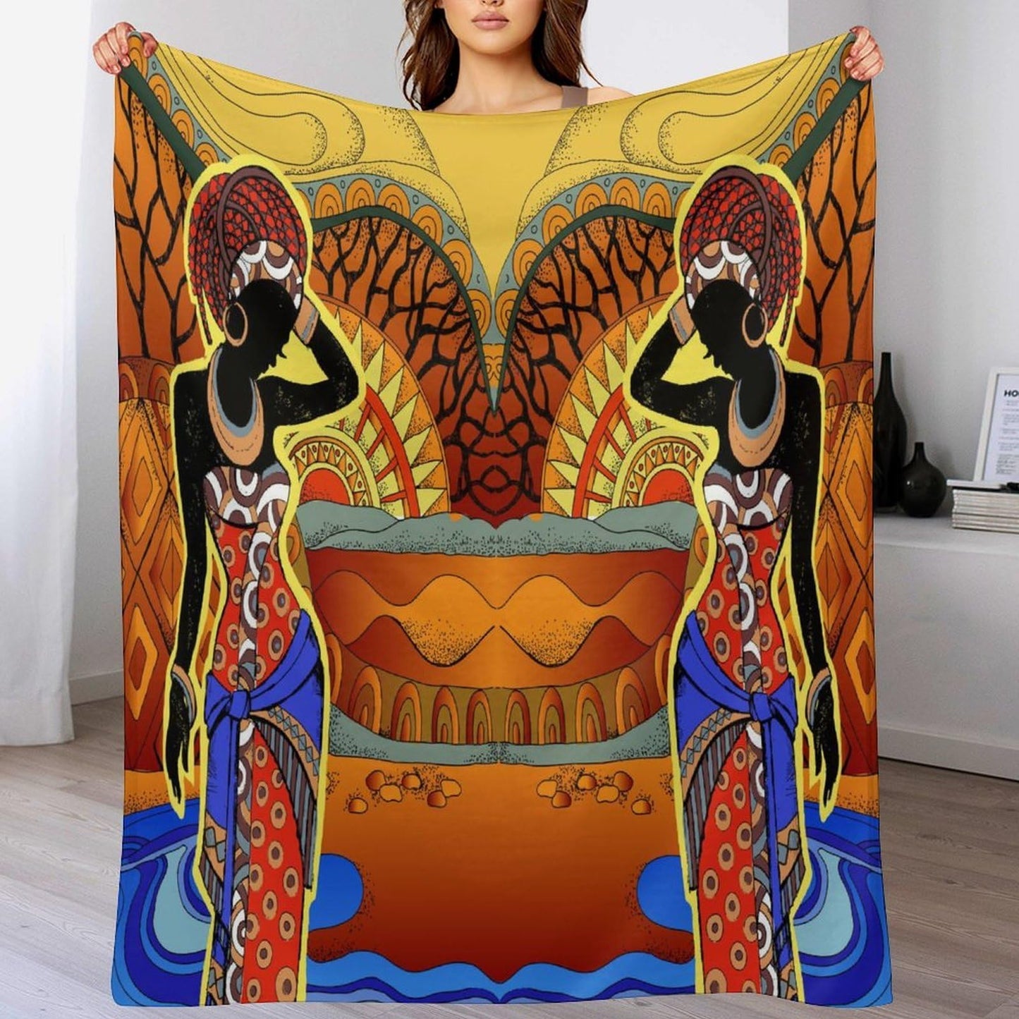 ZhiRain African Women Throw Blanket Southern Landscape Hand Drawn Black Woman Tribal Ethnic Pattern Blanket for Sofa Bed Couch Chair Or Dorm 50"x60"