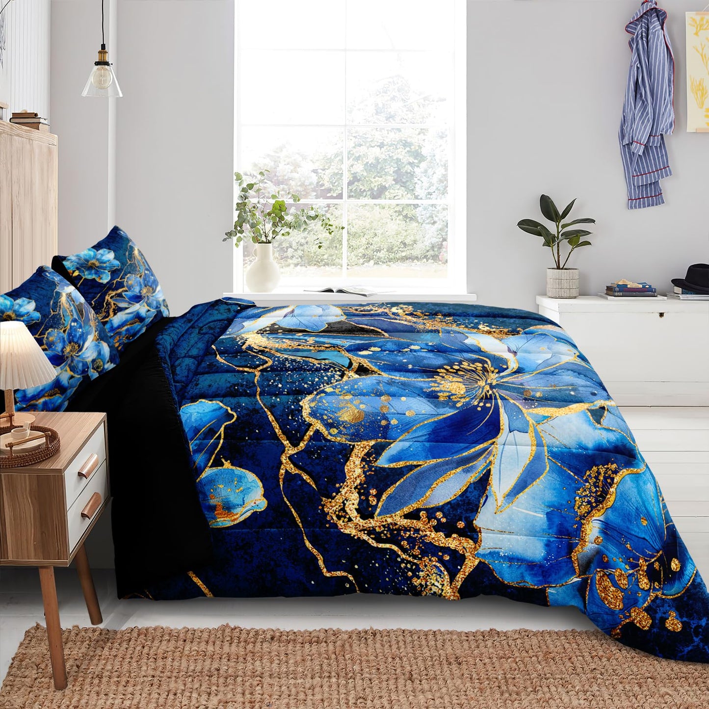 Bedorm Blue Marble Comforter Set Queen Floral Bedding Set Blue and Black Marble Stone Natural Texture Abstract Bedroom Comforter Set with Marble Pillowcases