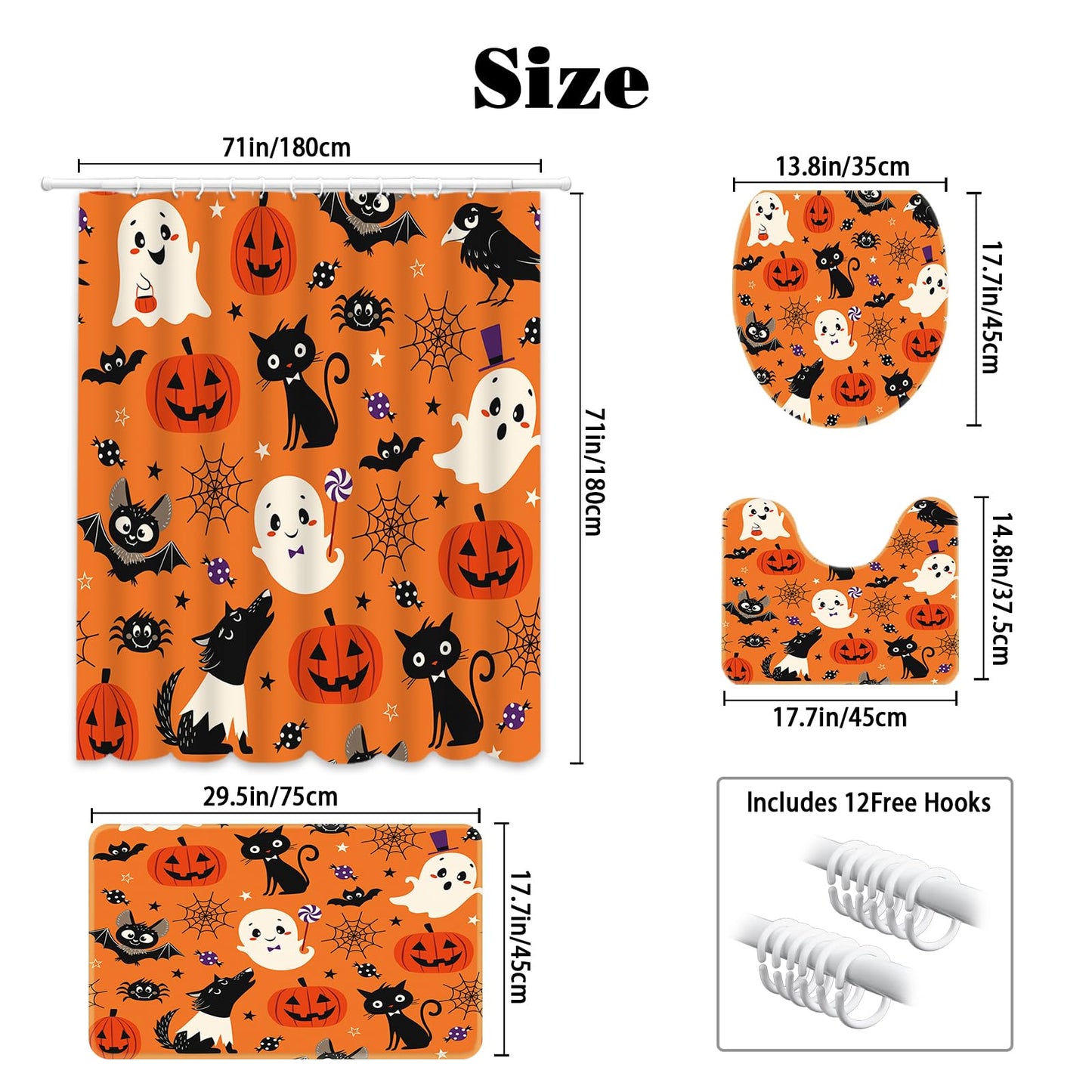 MEHOFOND 4pcs Halloween Boo Shower Curtain Set,Halloween Spooky Shower Curtain Sets,All Hallows' Eve Skull Bat Spider Bathroom Decor for Kids with Non-Slip Rugs Toilet Lid Cover and Bath Mat 72x72 in