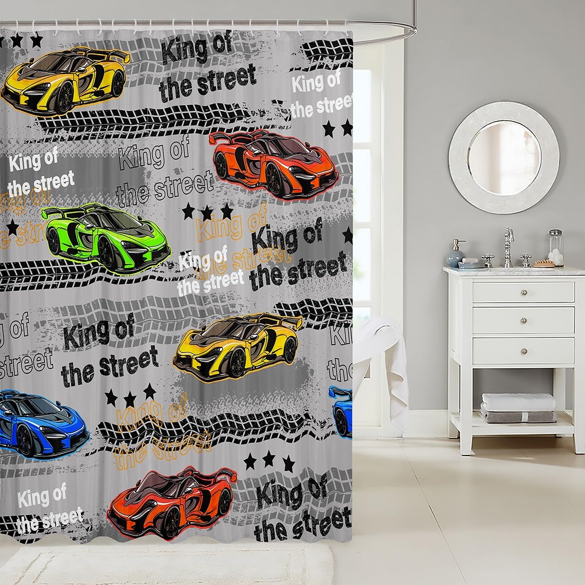 Feelyou Race Car Shower Curtain 72"x72" Speed Sports Car Bath Curtain for Boys Girls Teens Racing Bath CurtainWaterproof Fabric Extreme Sports Kids Bathroom Accessories Wheel Print
