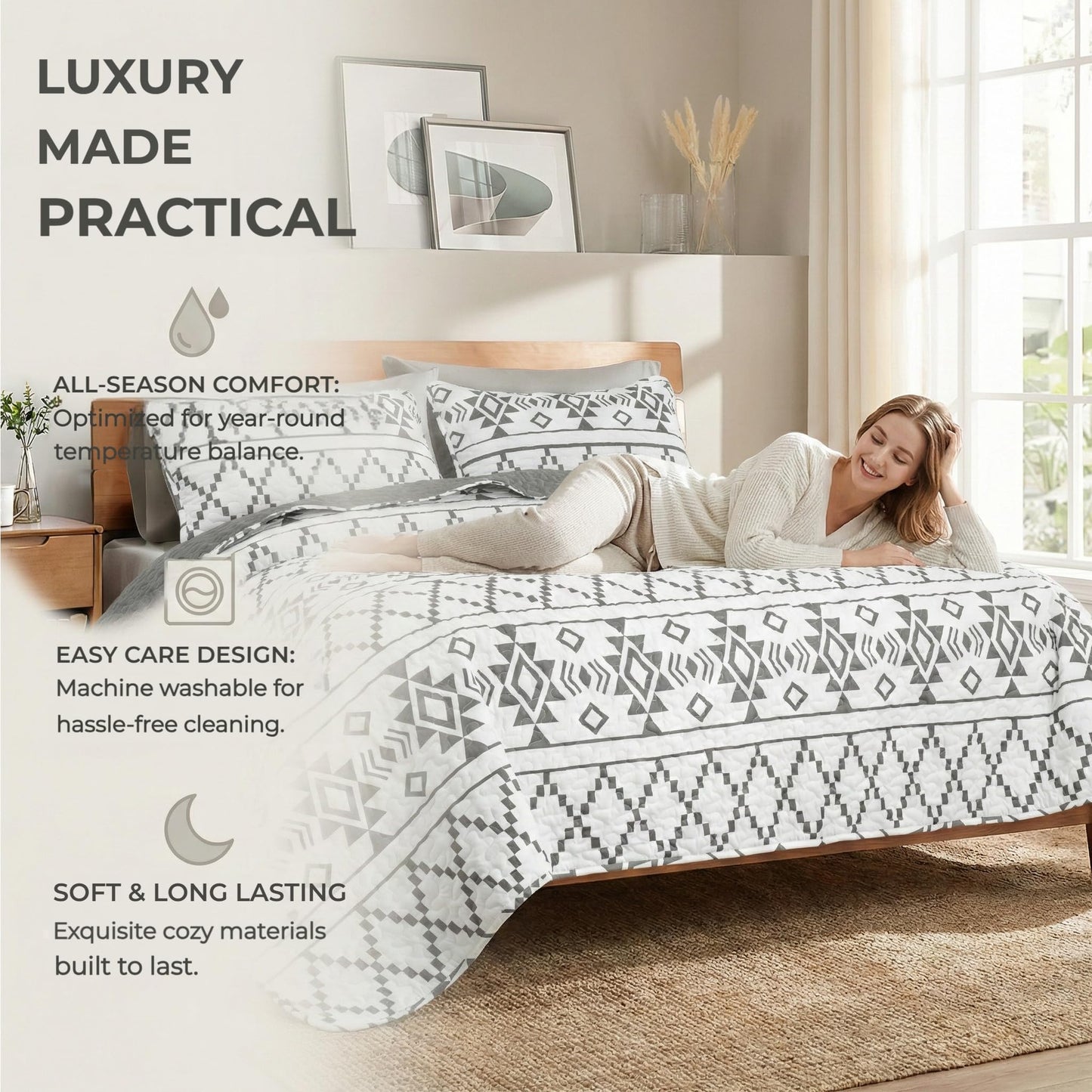 Whale Flotilla Full Queen Size Quilt Set - Reversible White Quilts Queen Size with 2 Pillow Shams, Lightweight Boho Striped Bedspreads Coverlet Bedding Set for All Seasons