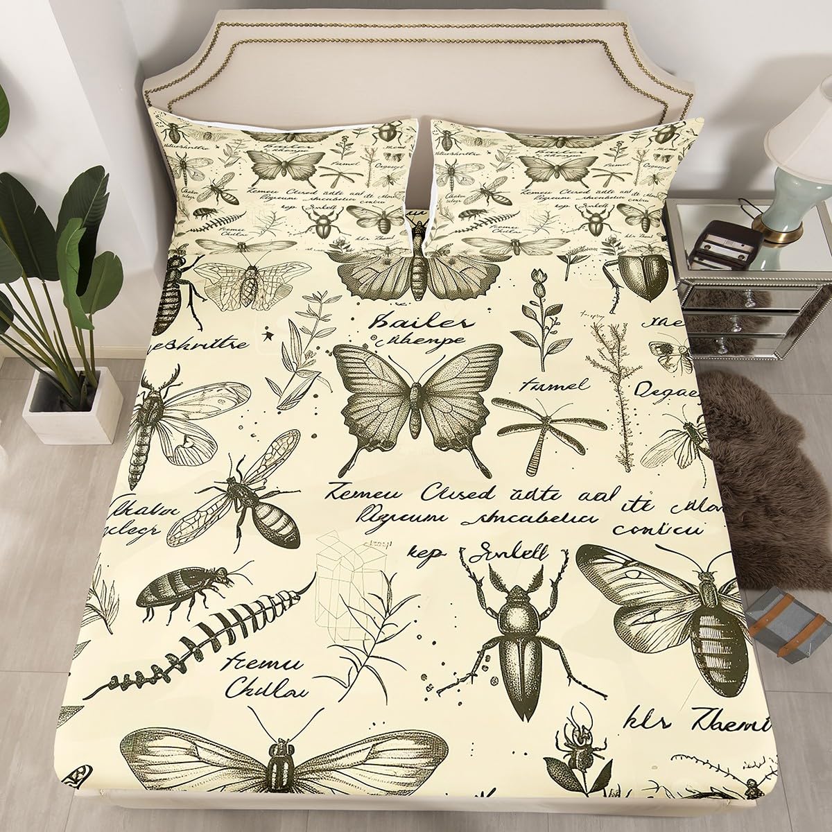 Butterfly Moth Fitted Sheet Full Size,Insects Beetles Entomological Theme Bedding Set for Kids Teens Boys Girls Room Decor,Sketch Palm Leaf Botanical Bed Sheet Rustic Boho Deep Pocket Sheet 3Pcs