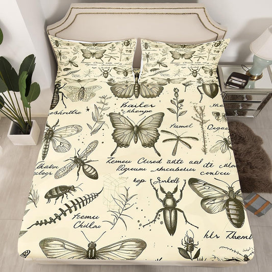 Butterfly Moth Fitted Sheet Full Size,Insects Beetles Entomological Theme Bedding Set for Kids Teens Boys Girls Room Decor,Sketch Palm Leaf Botanical Bed Sheet Rustic Boho Deep Pocket Sheet 3Pcs