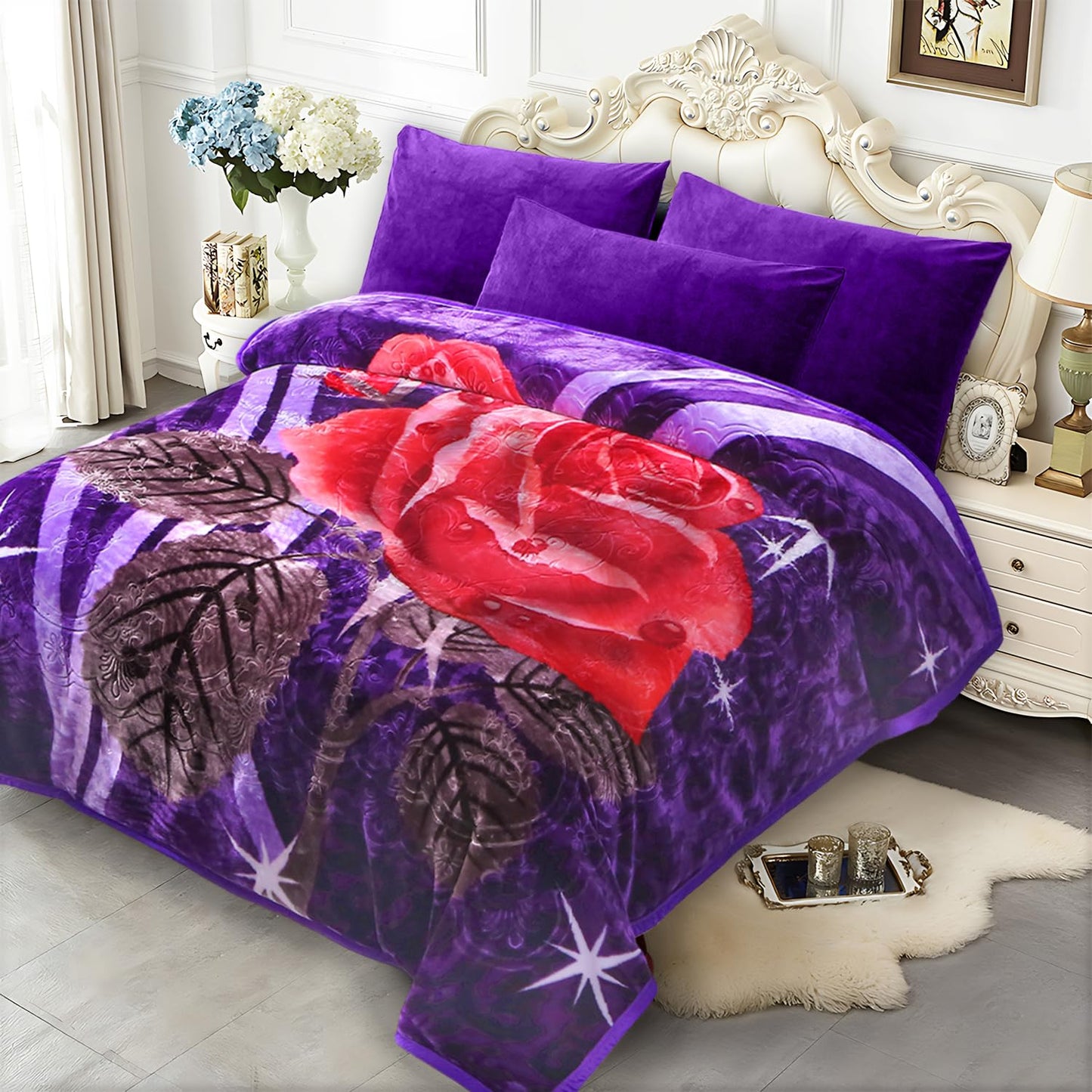 JYK Soft Korean Mink Blanket, 5 LB Fleece Queen 75'' x 87'' - 2 Ply Reversible 520GSM Super Soft Plush, Thick, Warm Bed Blanket for Autumn Winter - Purple, Rose/Camellia