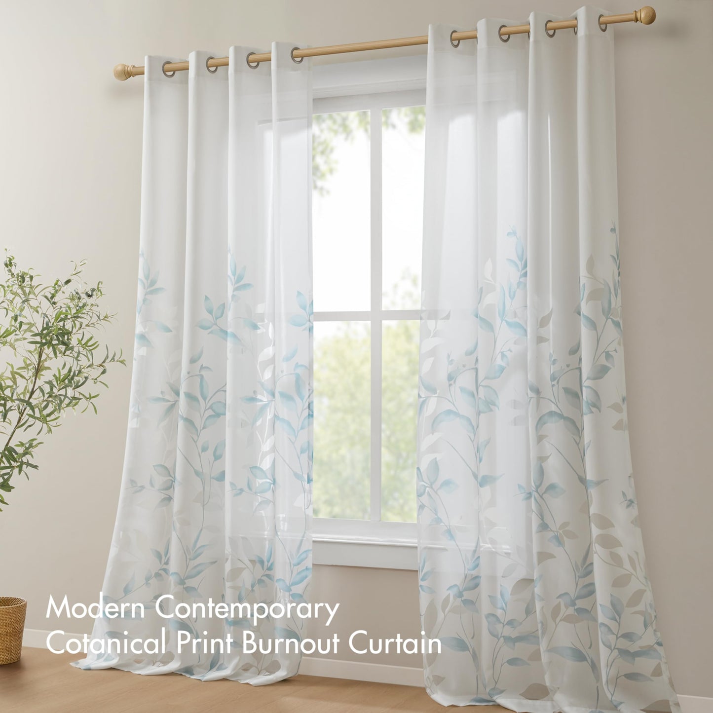 Madison Park Cecily Semi Sheer SINGLE Panel Window Curtain Burnout Botanical Print, Easy To Hang, Fits up to 1.25" Diameter Rod, 50x84", Leaves Aqua
