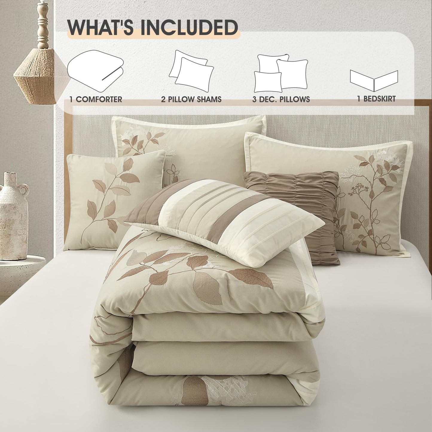 LANCO MODERN LIFESTYLE Beige Queen Comforter Set, 7 Pieces Bed in a Bag, Elegant Floral Leaves Embroidery, Soft and Lightweight All Seasons Bedding Set, Bedskirt, Pillow Shams, Decor Pillows