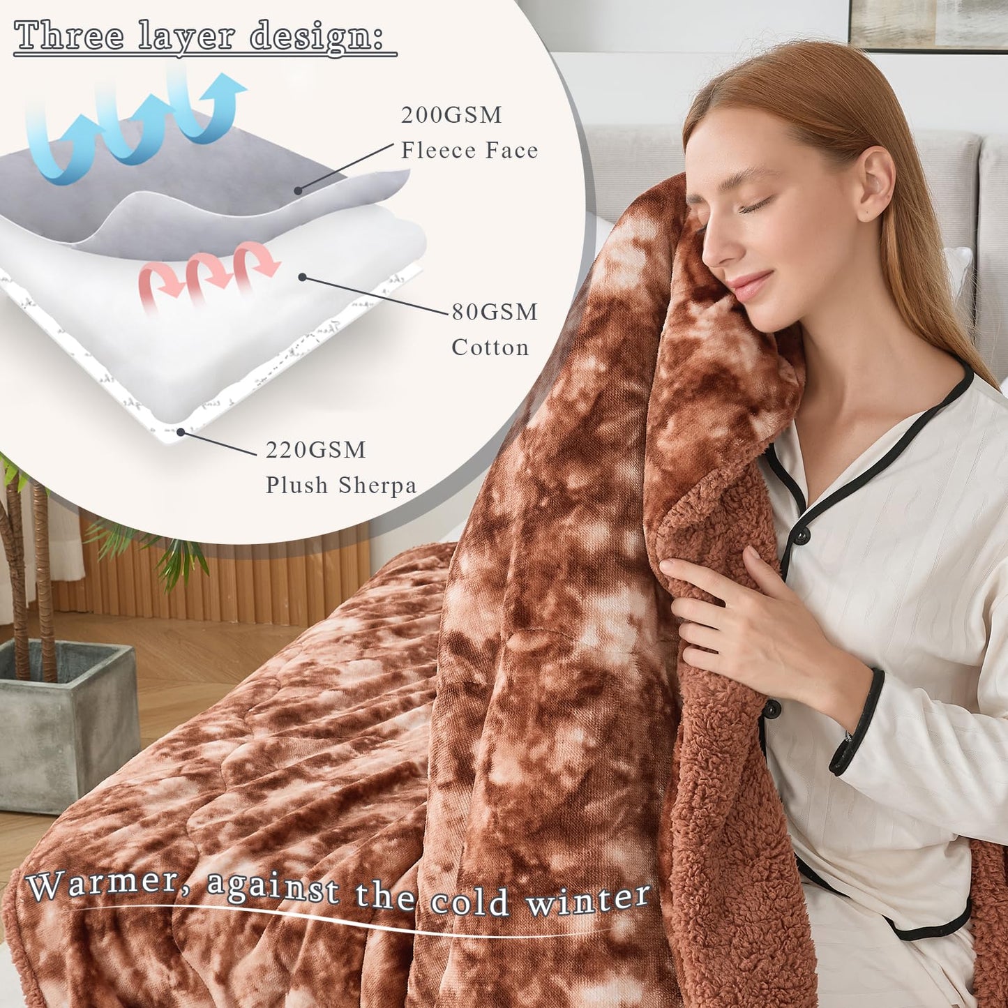 CHOSHOME Sherpa Fleece Blanket- Thick Warm Blanket for Winter, Soft Fuzzy Plush Blanket for Bed, Couch, Travel (Tie Dye Brown, King 90" x 108")