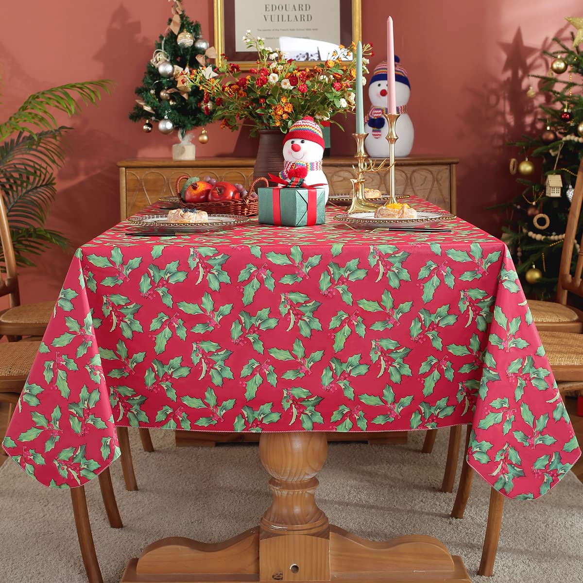 Christmas Tablecloth Rectangle Vinyl Flannel Backing, Floral Holly & Berry Print Waterproof Plastic Heavy Table Cloth for Dining, Buffet Party & Outdoor Decorations, 52 x 70 Inch Red