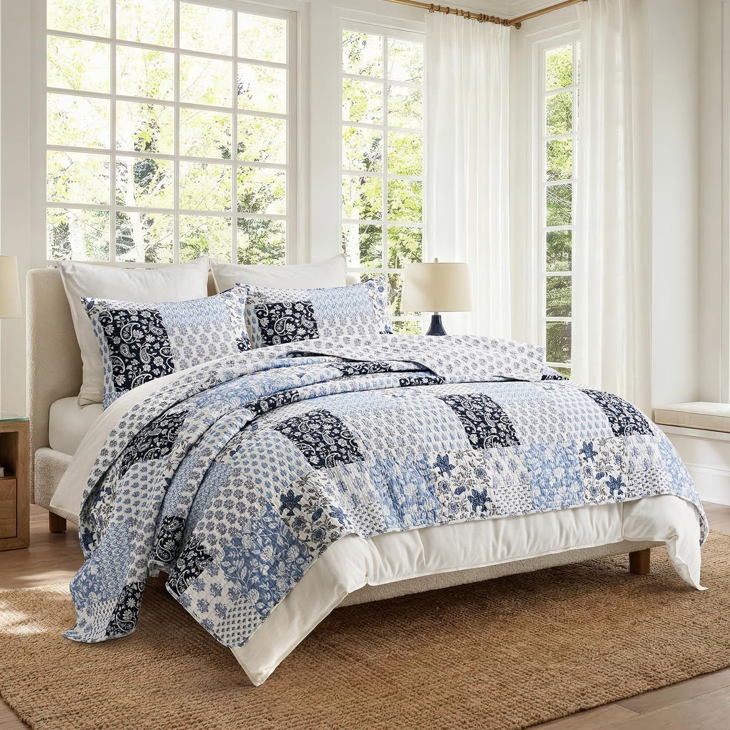 EverGrace Cotton Quilt Set King Size,100% Cotton Reversible Lightweight Bedspread Coverlet, Printed Patchwork Farmhouse Bedding, Traditional Block Print Quilt with 2 Pillow Shams,Coastal Blue 110"×92"